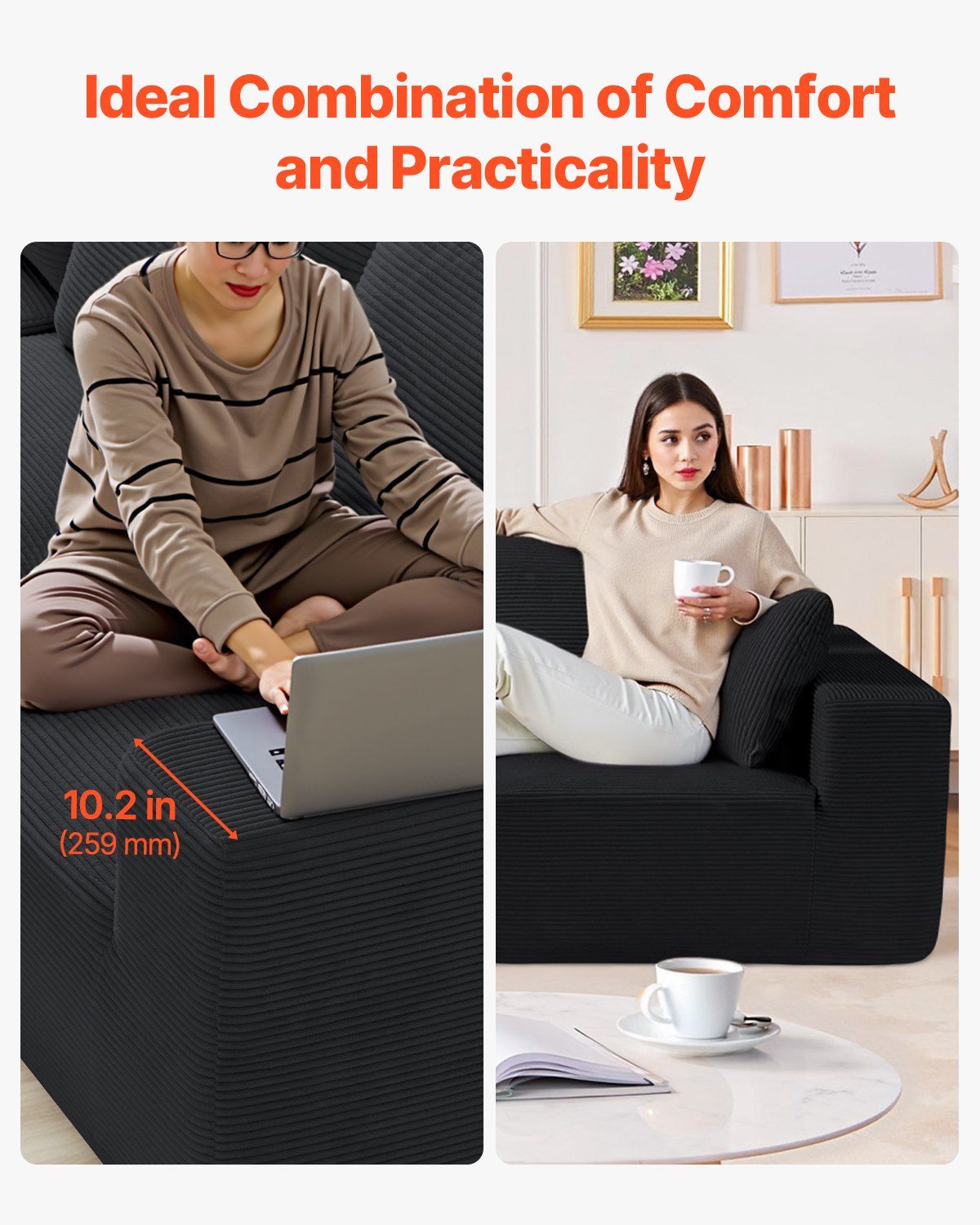 Modular Sectional Sofa, L Shaped Modular Sofa with Chaise, Cloud Sectional Couch with High Rebound Sponge and Density, Upholstered Corduroy Couch with Cushion for Living Room, Bedroom, Black - Image 4