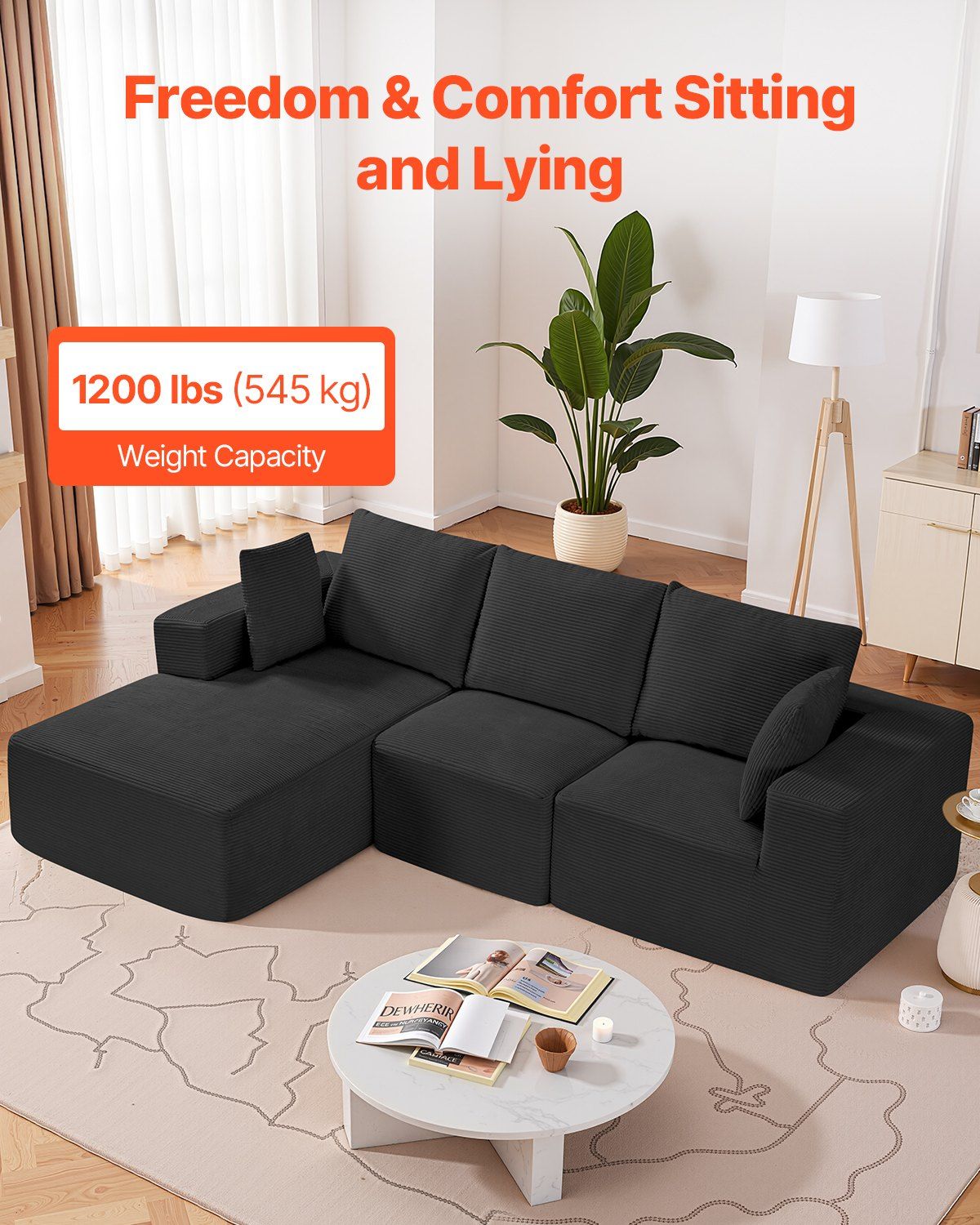 Modular Sectional Sofa, L Shaped Modular Sofa with Chaise, Cloud Sectional Couch with High Rebound Sponge and Density, Upholstered Corduroy Couch with Cushion for Living Room, Bedroom, Black - Image 6