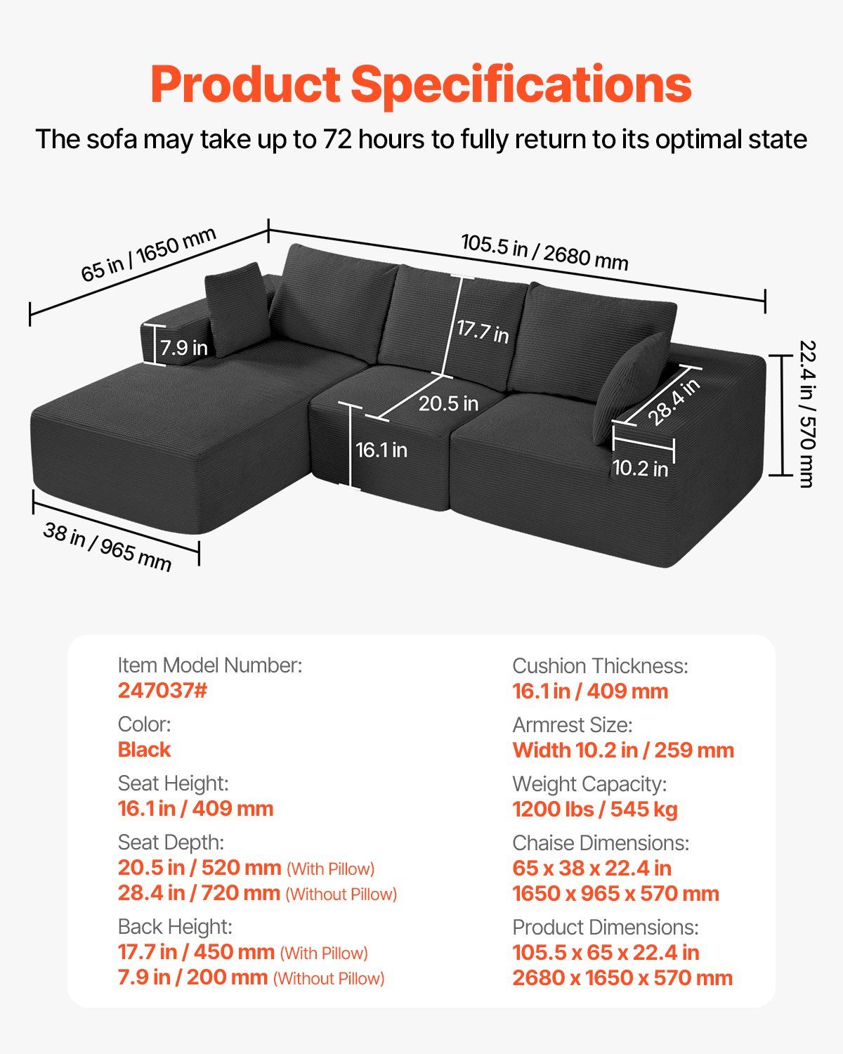 Modular Sectional Sofa, L Shaped Modular Sofa with Chaise, Cloud Sectional Couch with High Rebound Sponge and Density, Upholstered Corduroy Couch with Cushion for Living Room, Bedroom, Black - Image 7