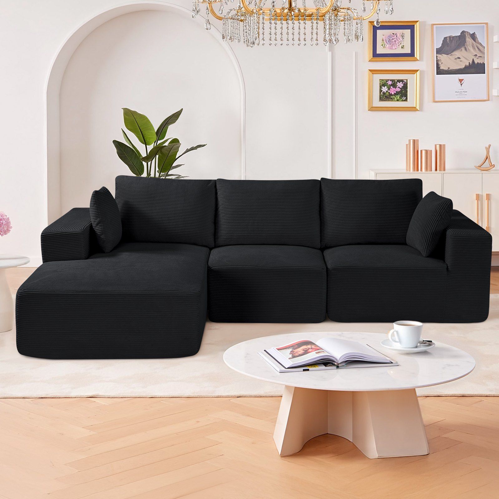 Modular Sectional Sofa, L Shaped Modular Sofa with Chaise, Cloud Sectional Couch with High Rebound Sponge and Density, Upholstered Corduroy Couch with Cushion for Living Room, Bedroom, Black - Image 8