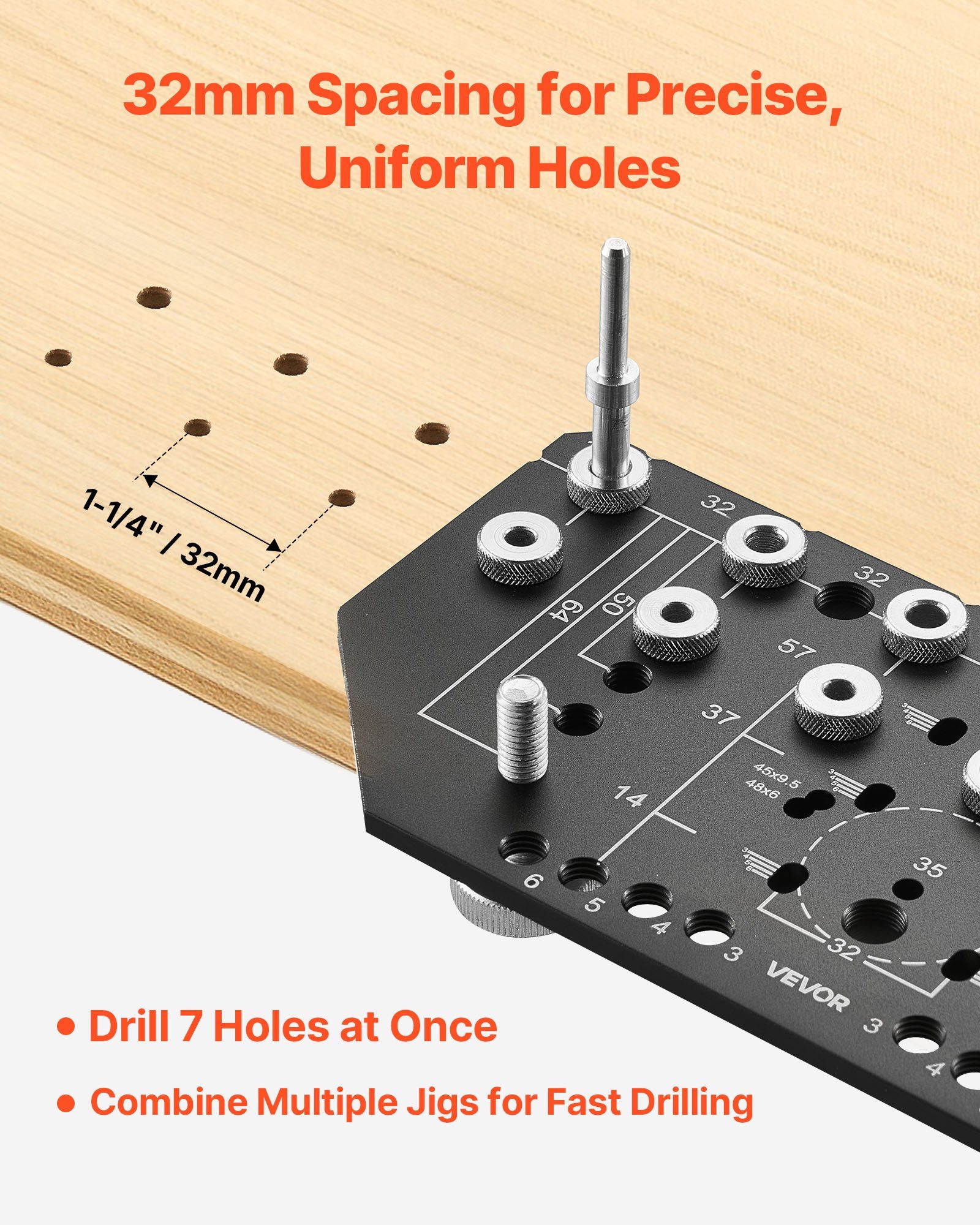 Shelf Pin Jig and Hinge Jig Two-in-One, Aluminum Alloy Cabinet Hardware Hole Drilling Template with 6.4 and 4.8 mm Drill Bits, for Cabinet Doors Bookshelves Wardrobes Woodworking and DIY - Image 3