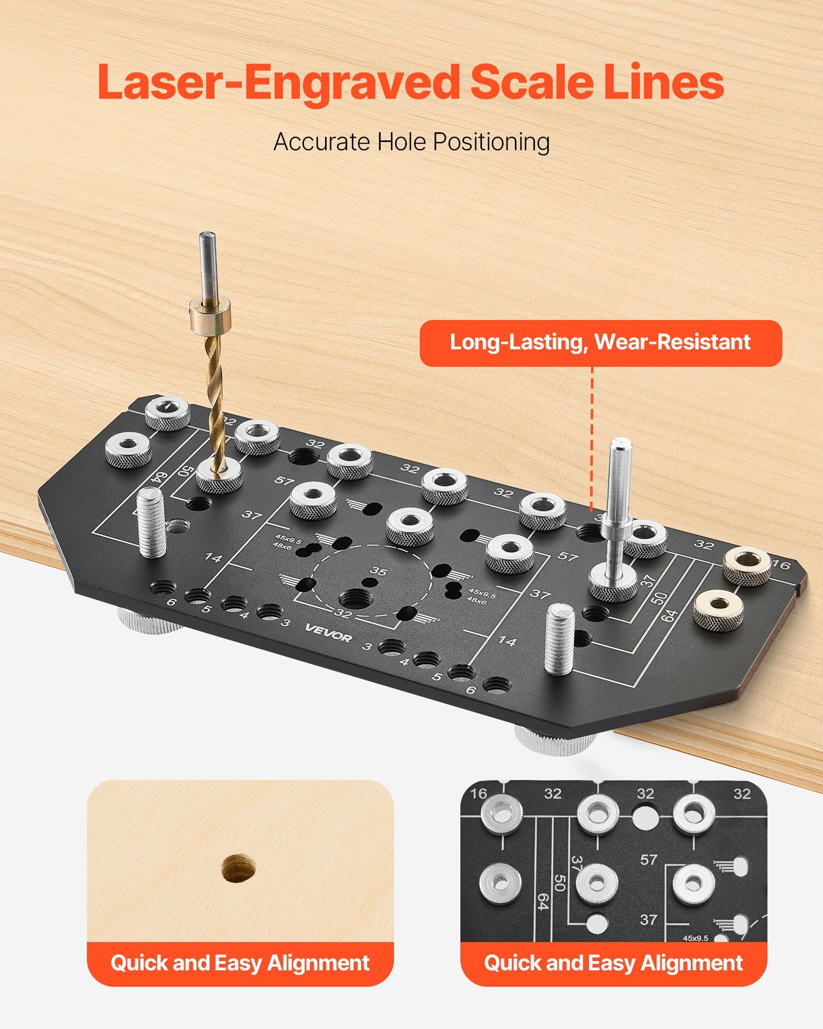 Shelf Pin Jig and Hinge Jig Two-in-One, Aluminum Alloy Cabinet Hardware Hole Drilling Template with 6.4 and 4.8 mm Drill Bits, for Cabinet Doors Bookshelves Wardrobes Woodworking and DIY - Image 6