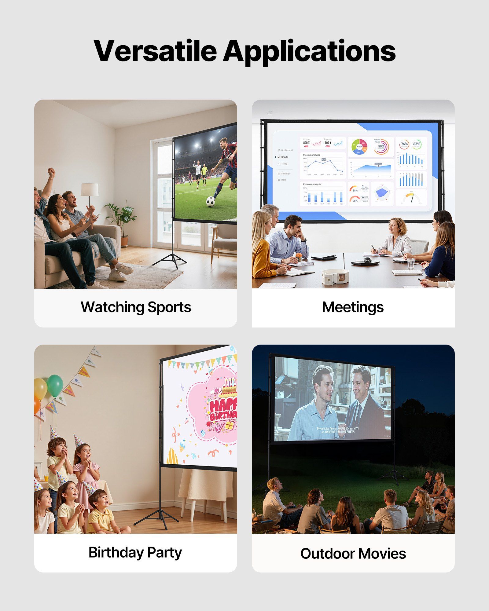 Projector Screen with Stand, 100 Inch 160° Wide Angle Indoor Outdoor Projection Screen, 16:9 4K HD Wrinkleless Portable Dual-Tripod Screens with Carry Bag, for Movie Home Theater Presentation - Image 5