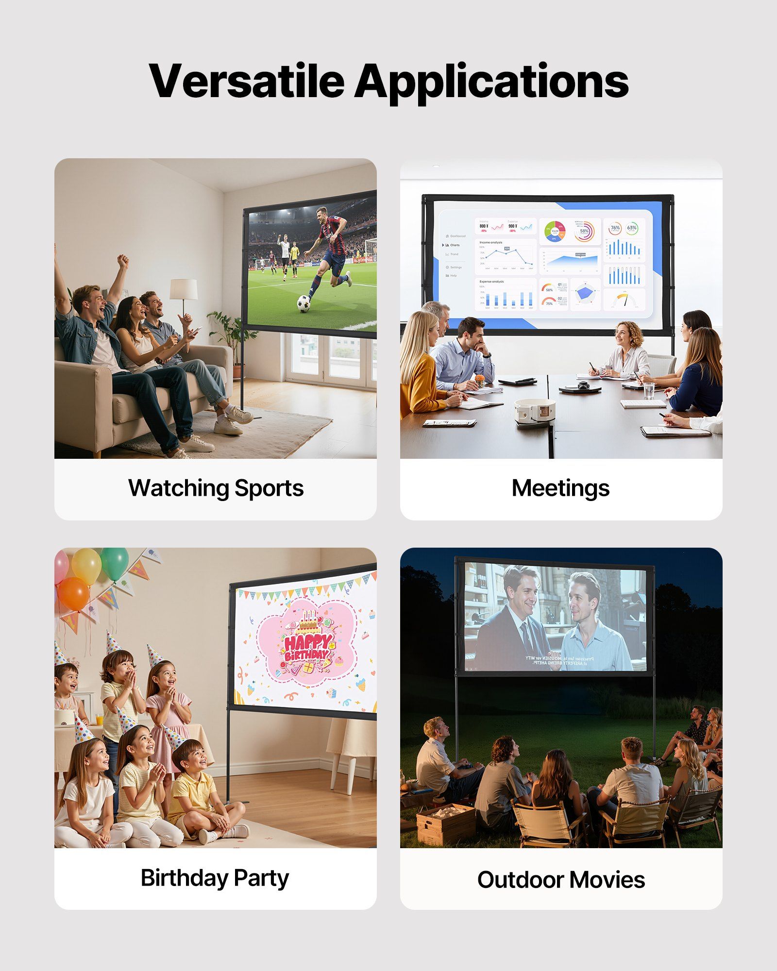Projector Screen with Stand, 80 Inch 160° Wide Angle Indoor Outdoor Projection Screen, 16:9 4K HD Wrinkleless Portable Dual-Stand Screens with Carry Bag, for Movie Home Theater Presentation - Image 5