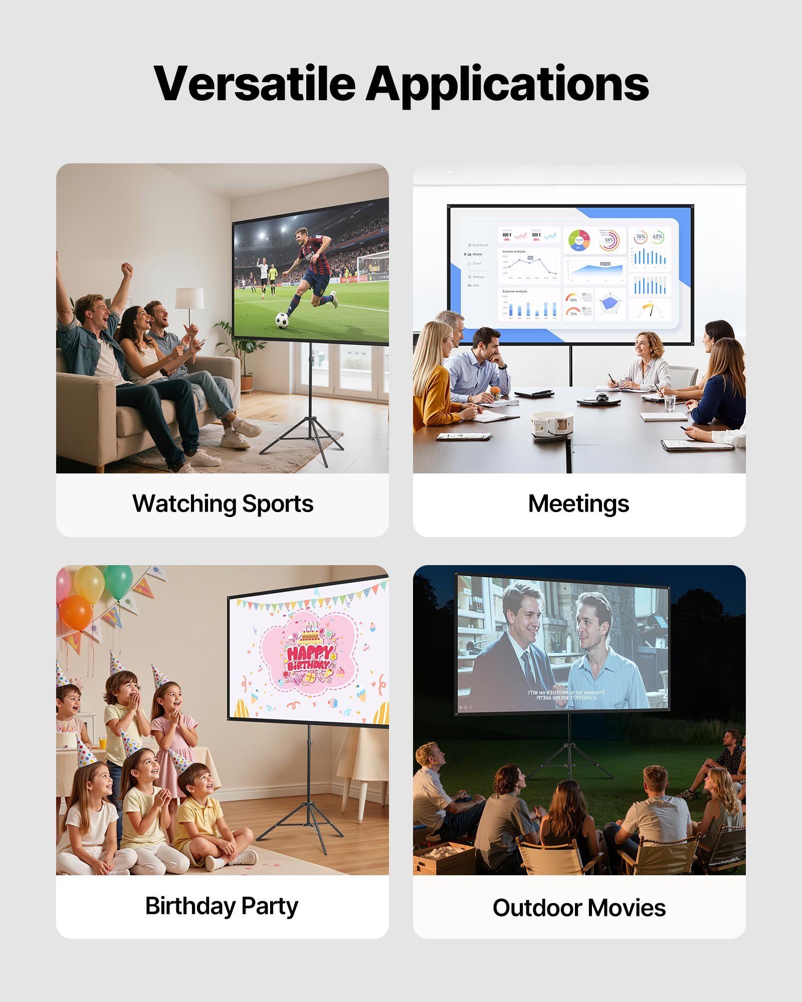 Projector Screen with Stand, 80 Inch 160° Wide Angle Indoor Outdoor Projection Screen, 16:9 4K HD Wrinkleless Portable Tripod Screens with Carry Bag, for Movie Home Theater Office Presentation - Image 5