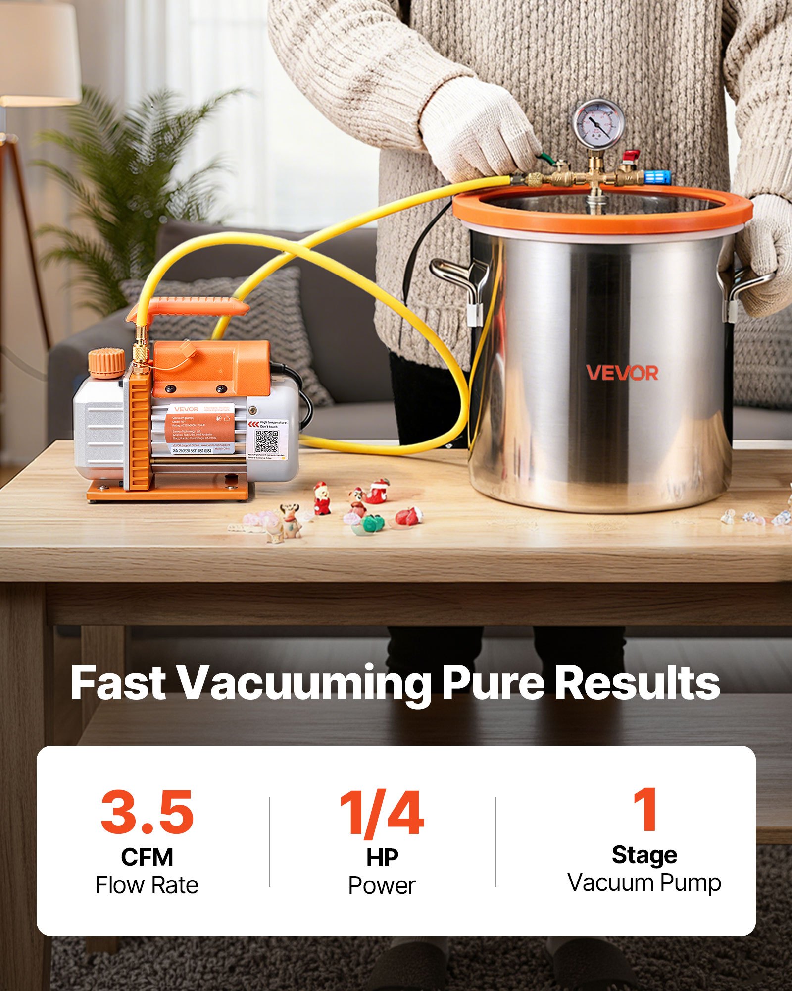 18.93 L Vacuum Chamber with Pump, 3.5 CFM 99 L/min, Single Stage Vacuum Pump, Stainless Steel Degassing Chamber Kit, Tempered Glass Lid, 1.5 m Hose, for Stabilizing Wood Degassing Silicone Resin - Image 2