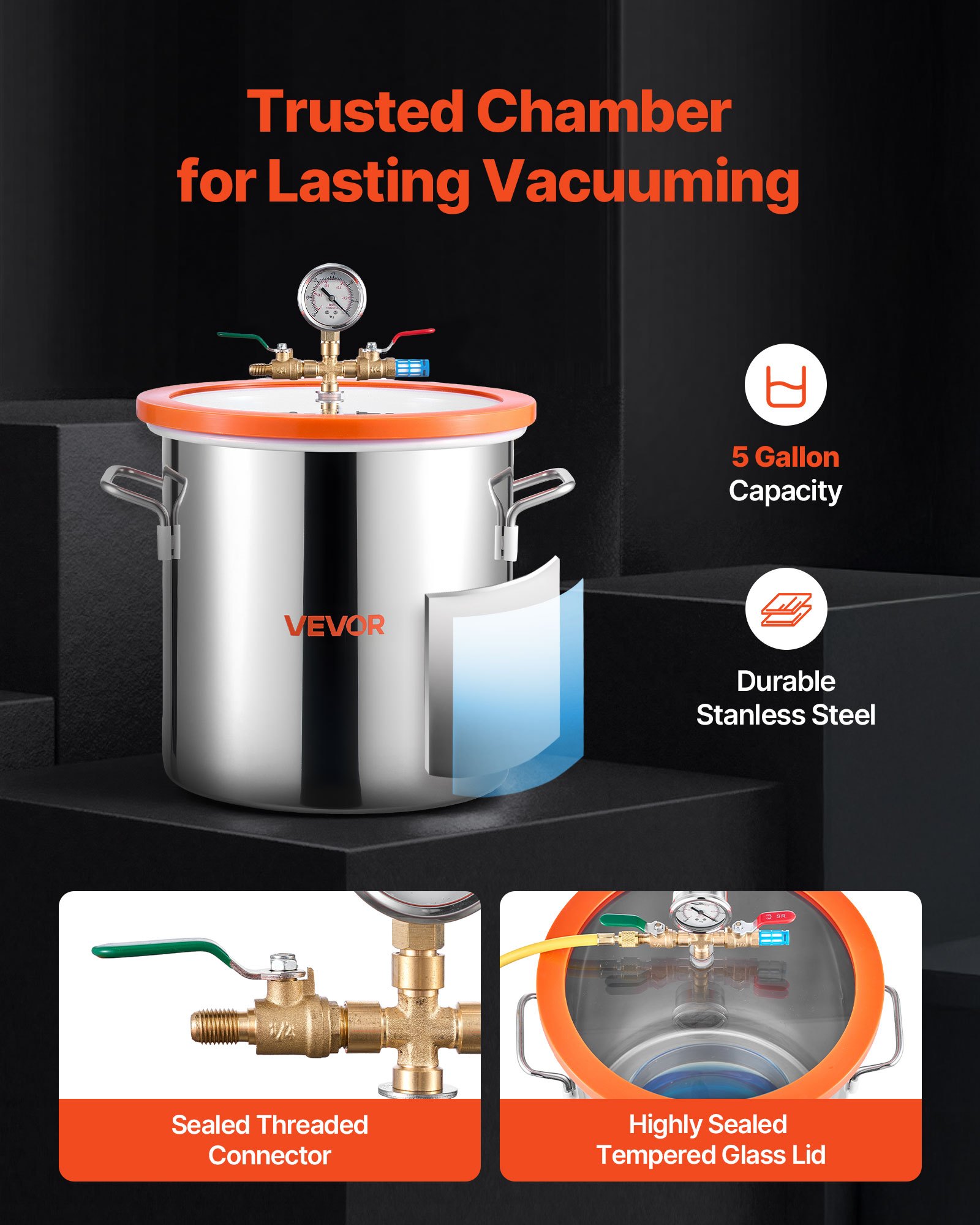 18.93 L Vacuum Chamber with Pump, 3.5 CFM 99 L/min, Single Stage Vacuum Pump, Stainless Steel Degassing Chamber Kit, Tempered Glass Lid, 1.5 m Hose, for Stabilizing Wood Degassing Silicone Resin - Image 4