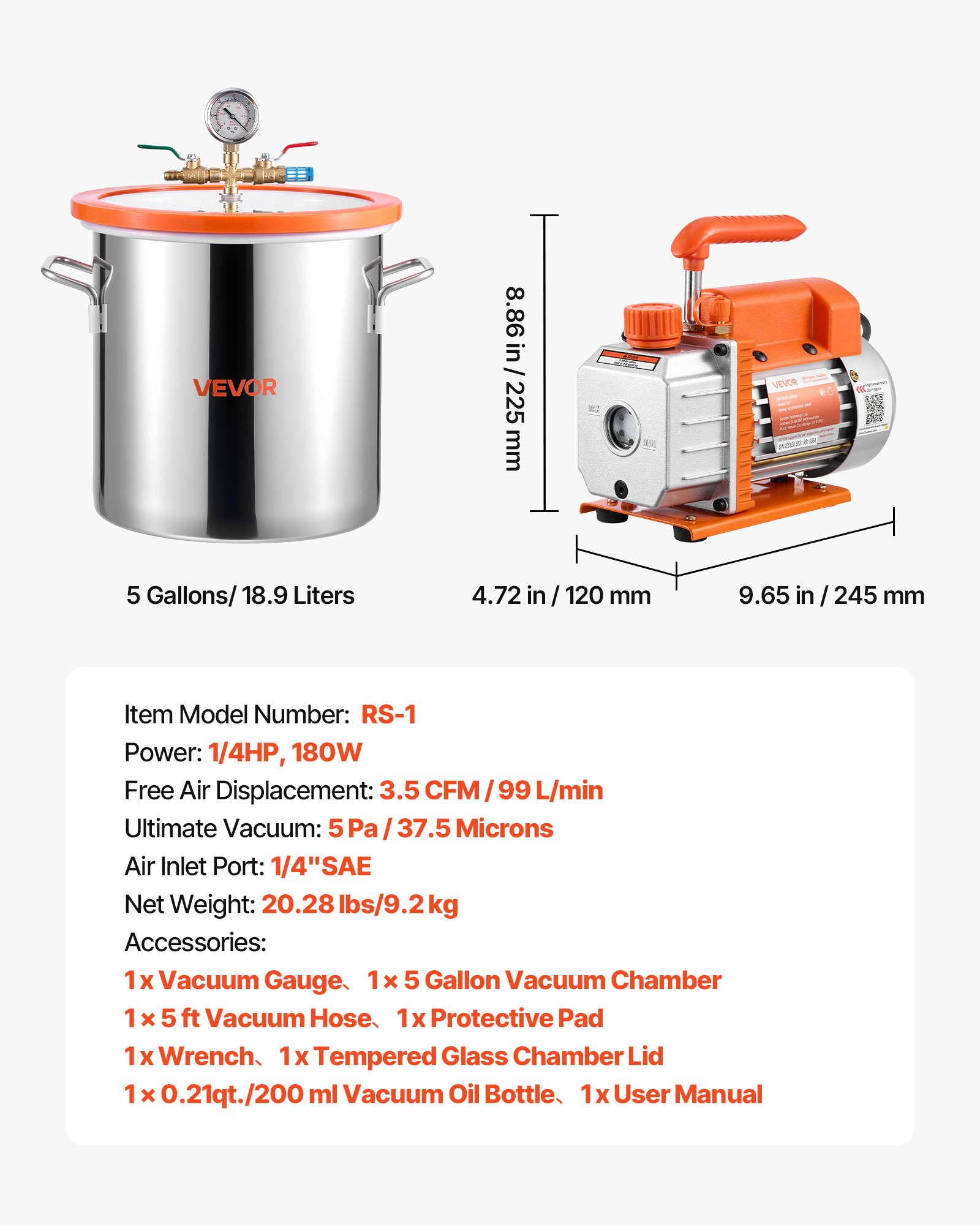 18.93 L Vacuum Chamber with Pump, 3.5 CFM 99 L/min, Single Stage Vacuum Pump, Stainless Steel Degassing Chamber Kit, Tempered Glass Lid, 1.5 m Hose, for Stabilizing Wood Degassing Silicone Resin - Image 7