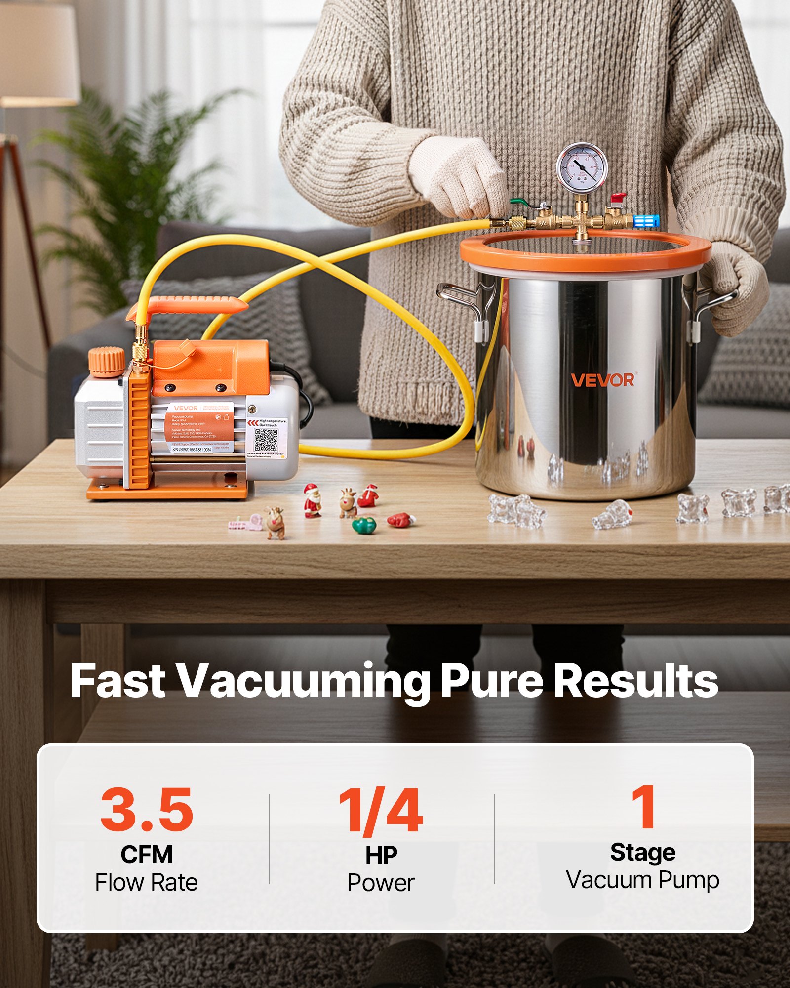 11.36 L Vacuum Chamber with Pump, 3.5 CFM 99 L/min, Single Stage Vacuum Pump, Stainless Steel Degassing Chamber Kit, Tempered Glass Lid, 1.5 m Hose, for Stabilizing Wood Degassing Silicone Resin - Image 2