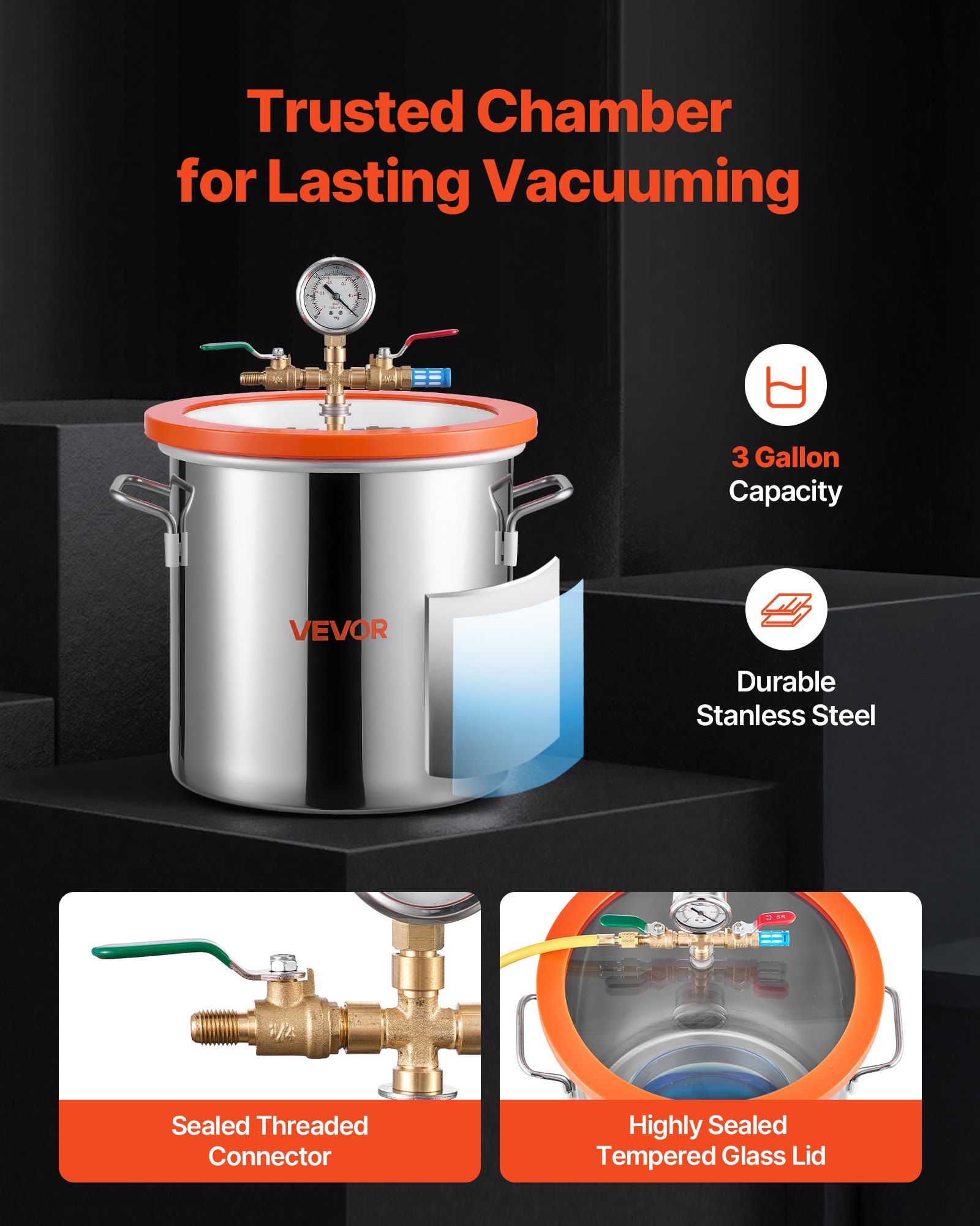 11.36 L Vacuum Chamber with Pump, 3.5 CFM 99 L/min, Single Stage Vacuum Pump, Stainless Steel Degassing Chamber Kit, Tempered Glass Lid, 1.5 m Hose, for Stabilizing Wood Degassing Silicone Resin - Image 4