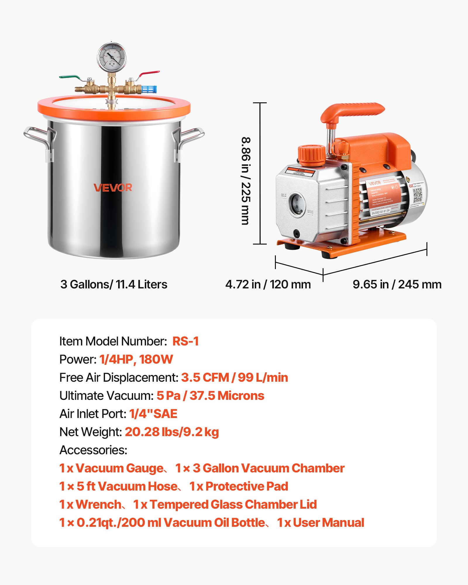 11.36 L Vacuum Chamber with Pump, 3.5 CFM 99 L/min, Single Stage Vacuum Pump, Stainless Steel Degassing Chamber Kit, Tempered Glass Lid, 1.5 m Hose, for Stabilizing Wood Degassing Silicone Resin - Image 7