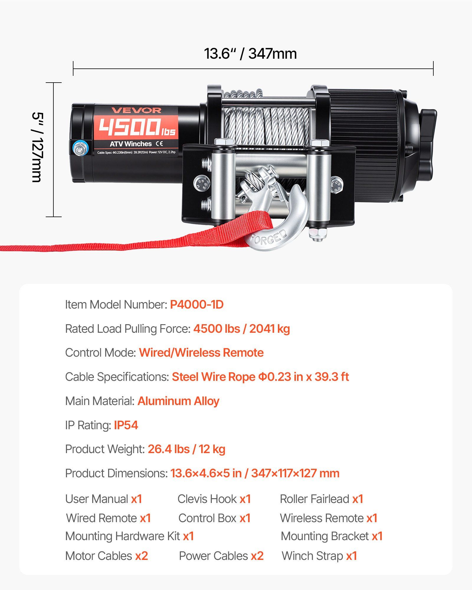 2041 kg Electric Winch, 12V DC ATV/UTV Winch with Φ6 mm x 12 m Steel Wire Rope, Wireless & Wired Remote Control, IP54 Waterproof, Roller Fairlead Mount Plate for Towing ATV UTV Off-Road - Image 7