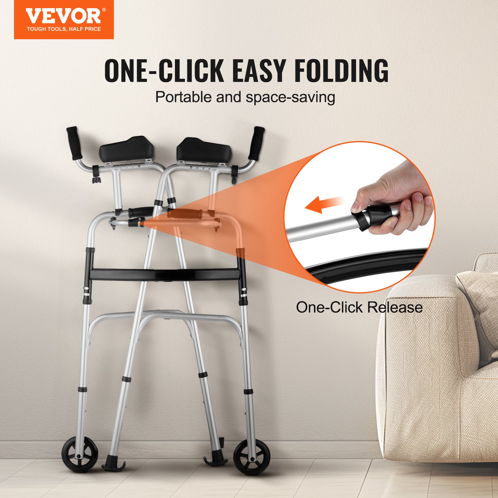 2 in 1 Folding Walker & Removable Armrests, Height Adjustable Foldable Walker with 5