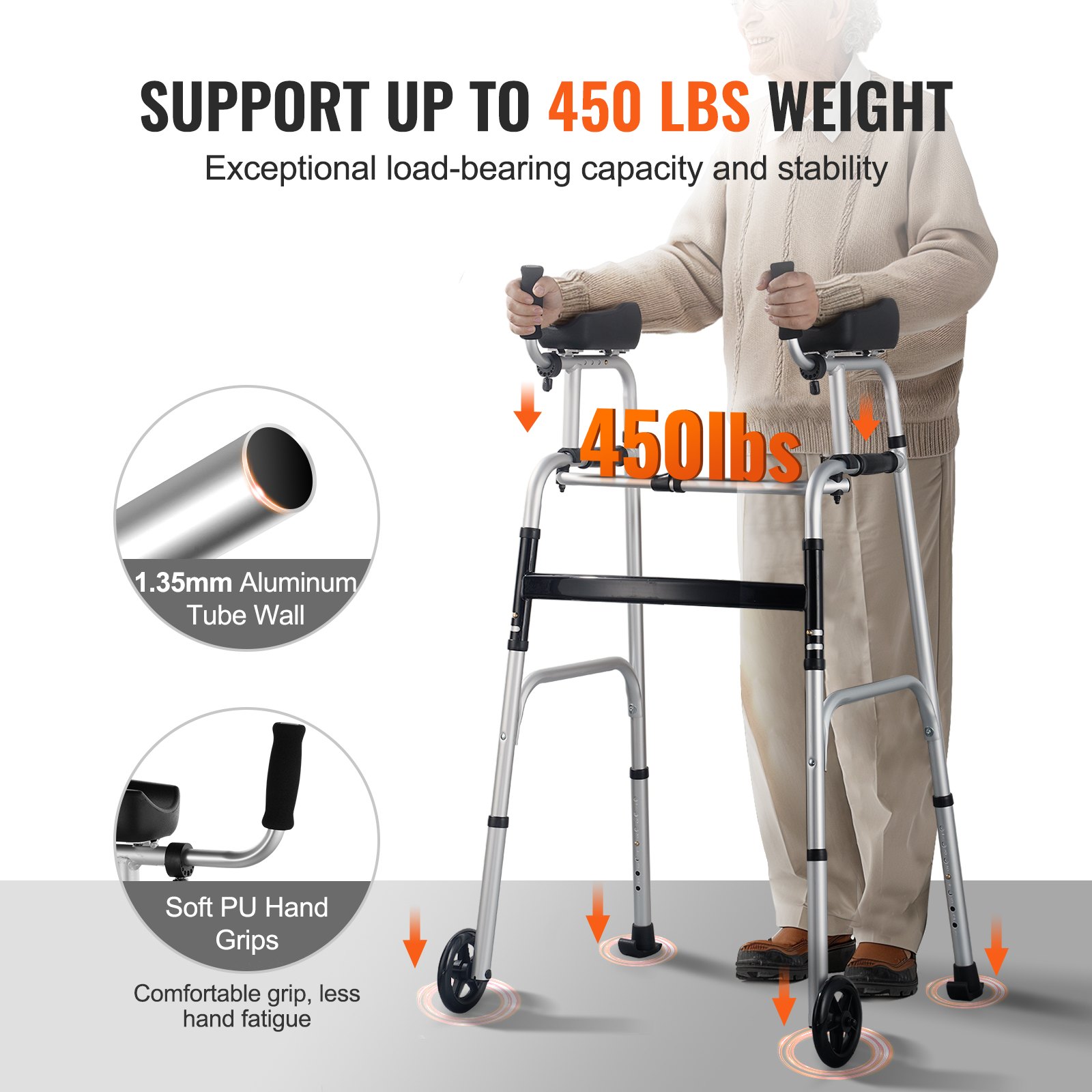 2 in 1 Folding Walker & Removable Armrests, Height Adjustable Foldable Walker with 5