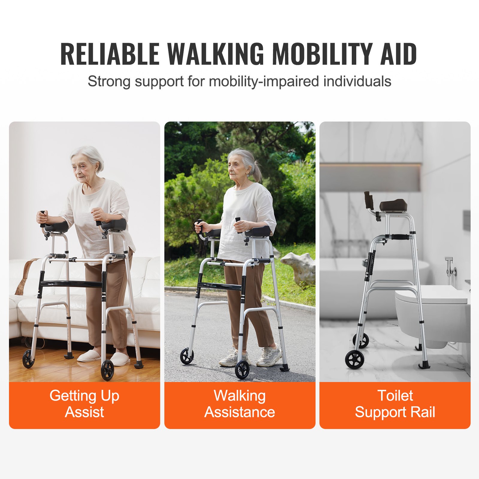 2 in 1 Folding Walker & Removable Armrests, Height Adjustable Foldable Walker with 5