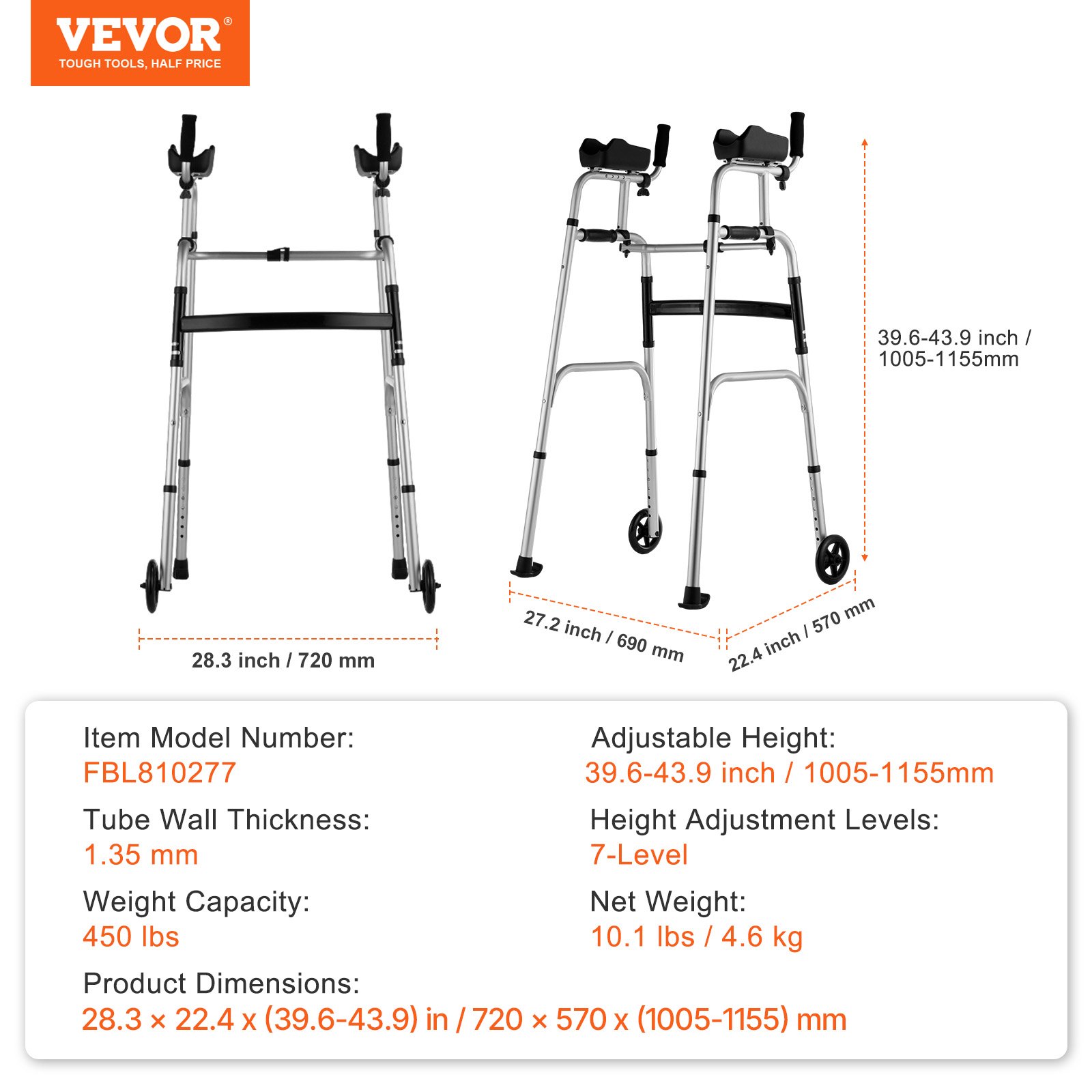 2 in 1 Folding Walker & Removable Armrests, Height Adjustable Foldable Walker with 5