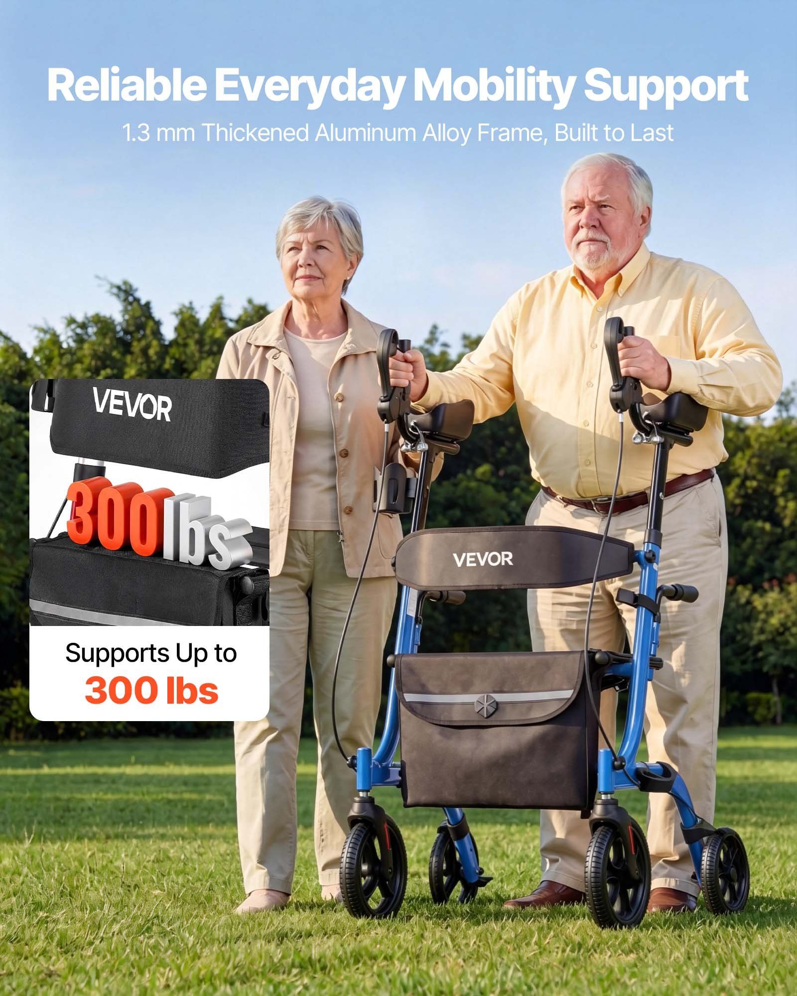 Rollator Walker with Seat for Seniors, Foldable Rolling Walker, Lightweight Aluminum Mobility Walking Aid with PU Solid Wheels, Adjustable Handle, Storage Bag, Cup/Cane Holder - Supports 136kg - Image 2