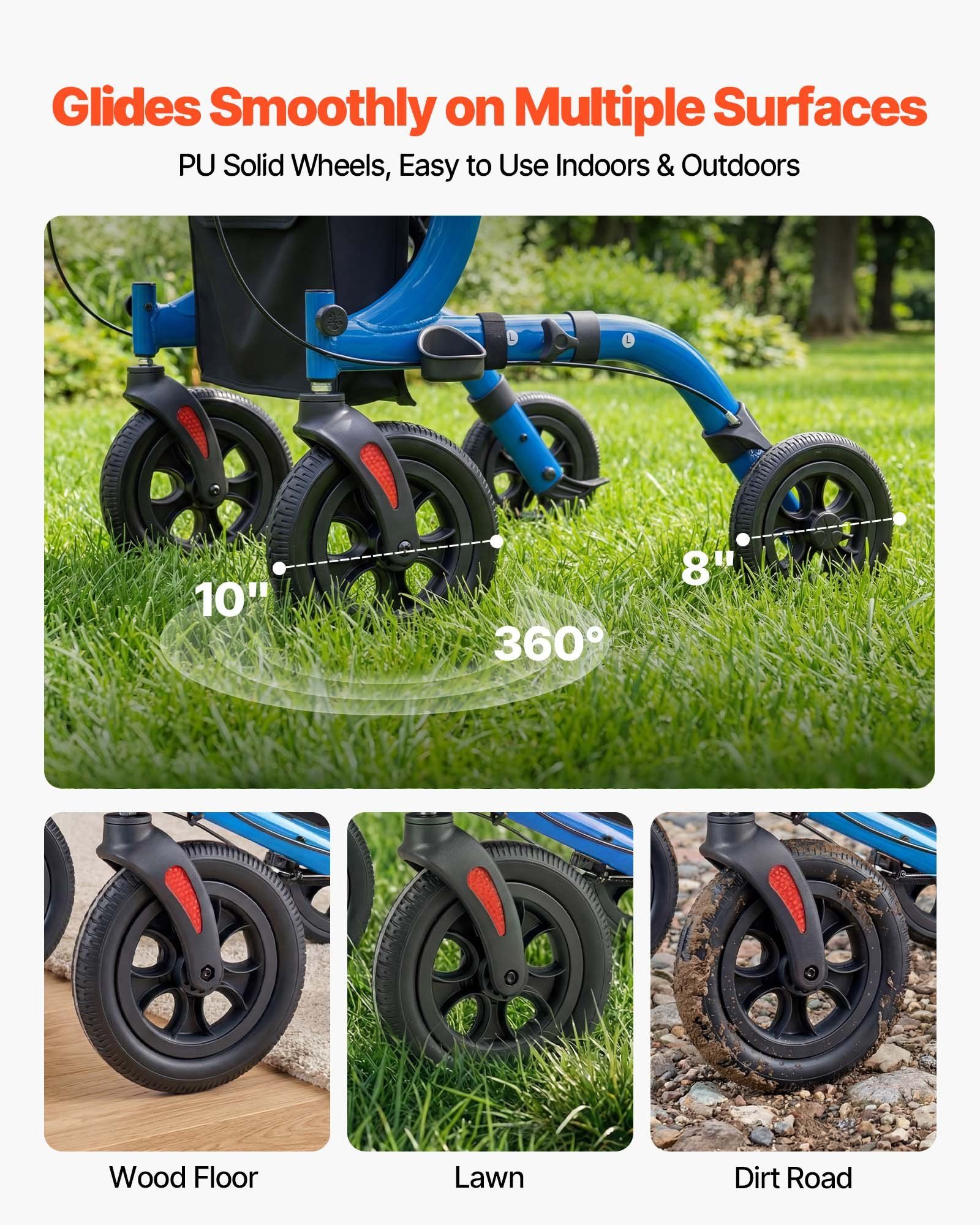 Rollator Walker with Seat for Seniors, Foldable Rolling Walker, Lightweight Aluminum Mobility Walking Aid with PU Solid Wheels, Adjustable Handle, Storage Bag, Cup/Cane Holder - Supports 136kg - Image 3