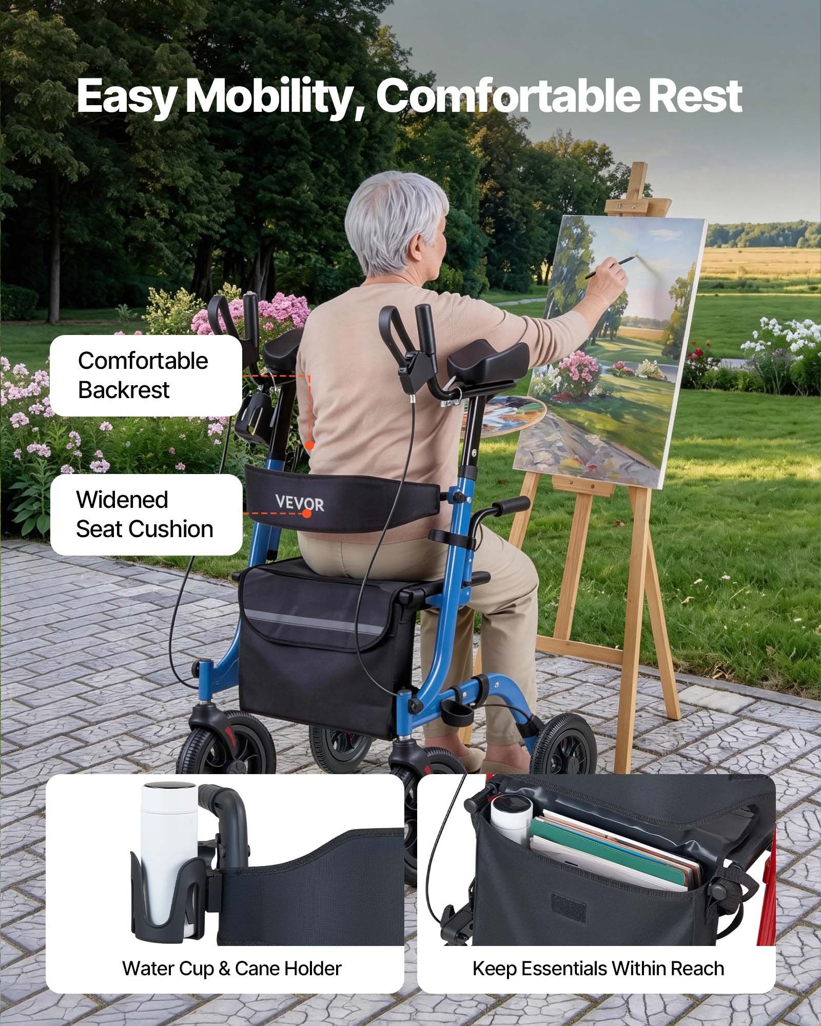 Rollator Walker with Seat for Seniors, Foldable Rolling Walker, Lightweight Aluminum Mobility Walking Aid with PU Solid Wheels, Adjustable Handle, Storage Bag, Cup/Cane Holder - Supports 136kg - Image 6