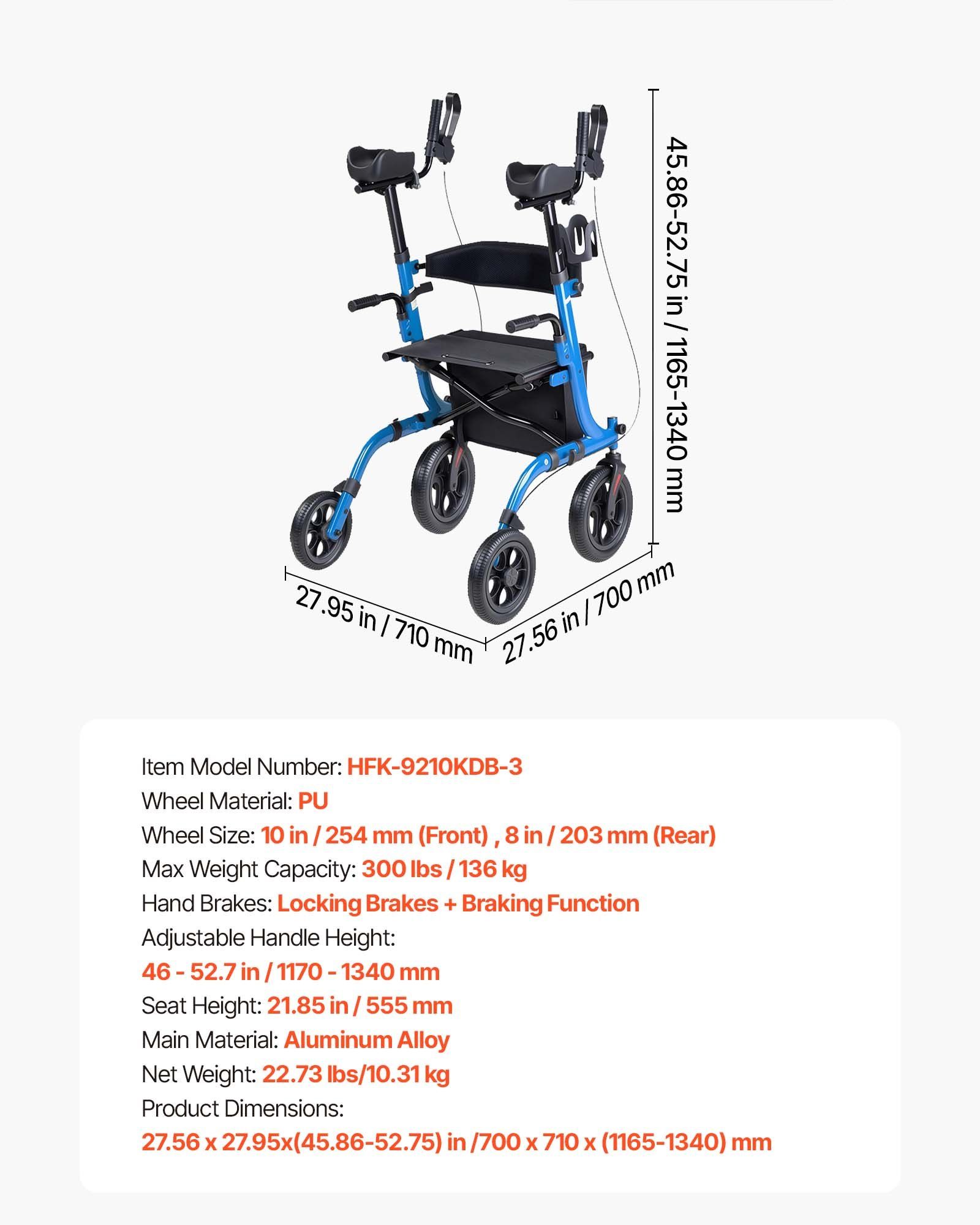 Rollator Walker with Seat for Seniors, Foldable Rolling Walker, Lightweight Aluminum Mobility Walking Aid with PU Solid Wheels, Adjustable Handle, Storage Bag, Cup/Cane Holder - Supports 136kg - Image 7