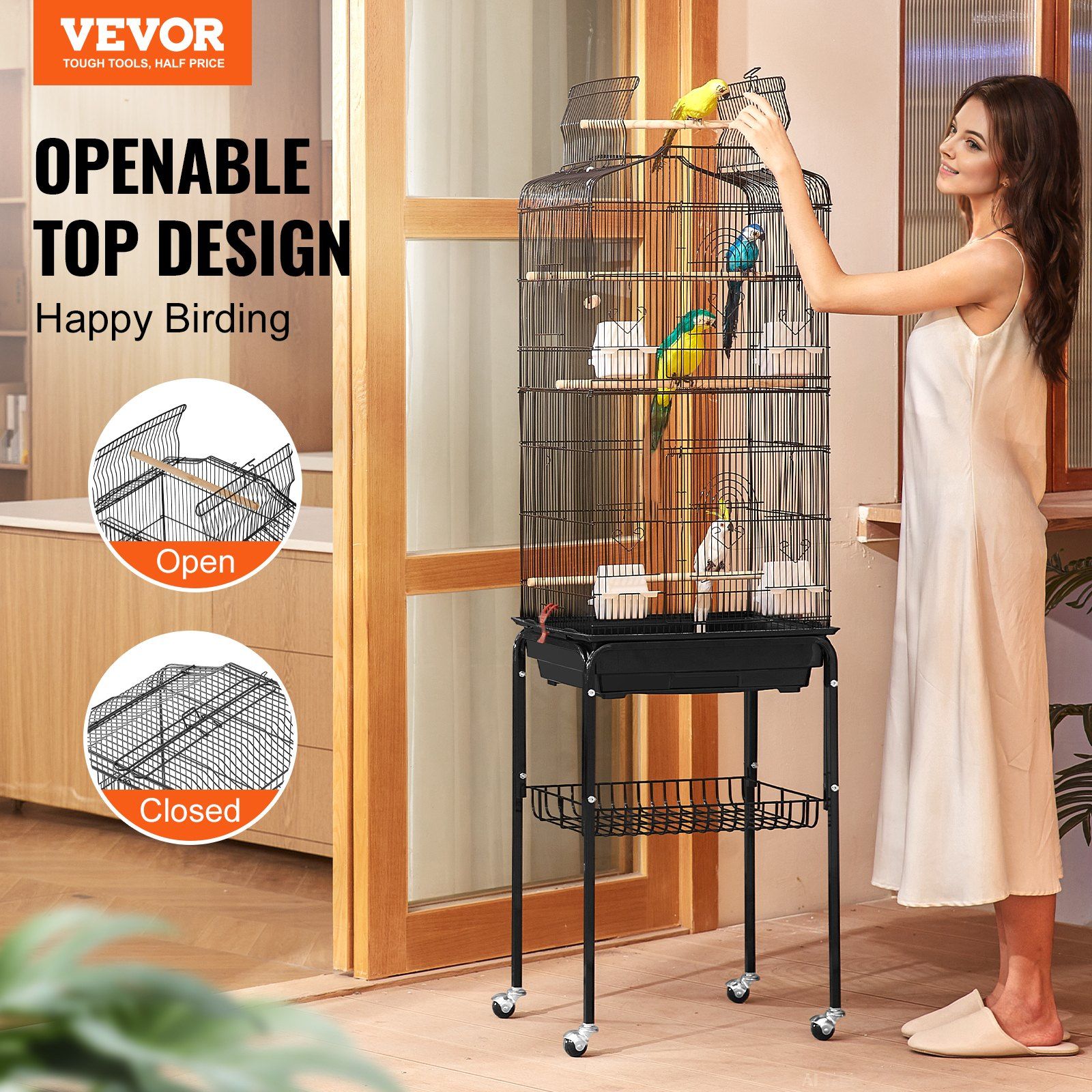 Large Bird Cage, 62 in, Open Top Parakeet Cage with Rolling Stand,  Steel Bird Flight Cage with Removable Tray, Budgie Birdcage with 4 Perches, Parrot Cage for Lovebirds Cockatiels Pet Toy - Image 2