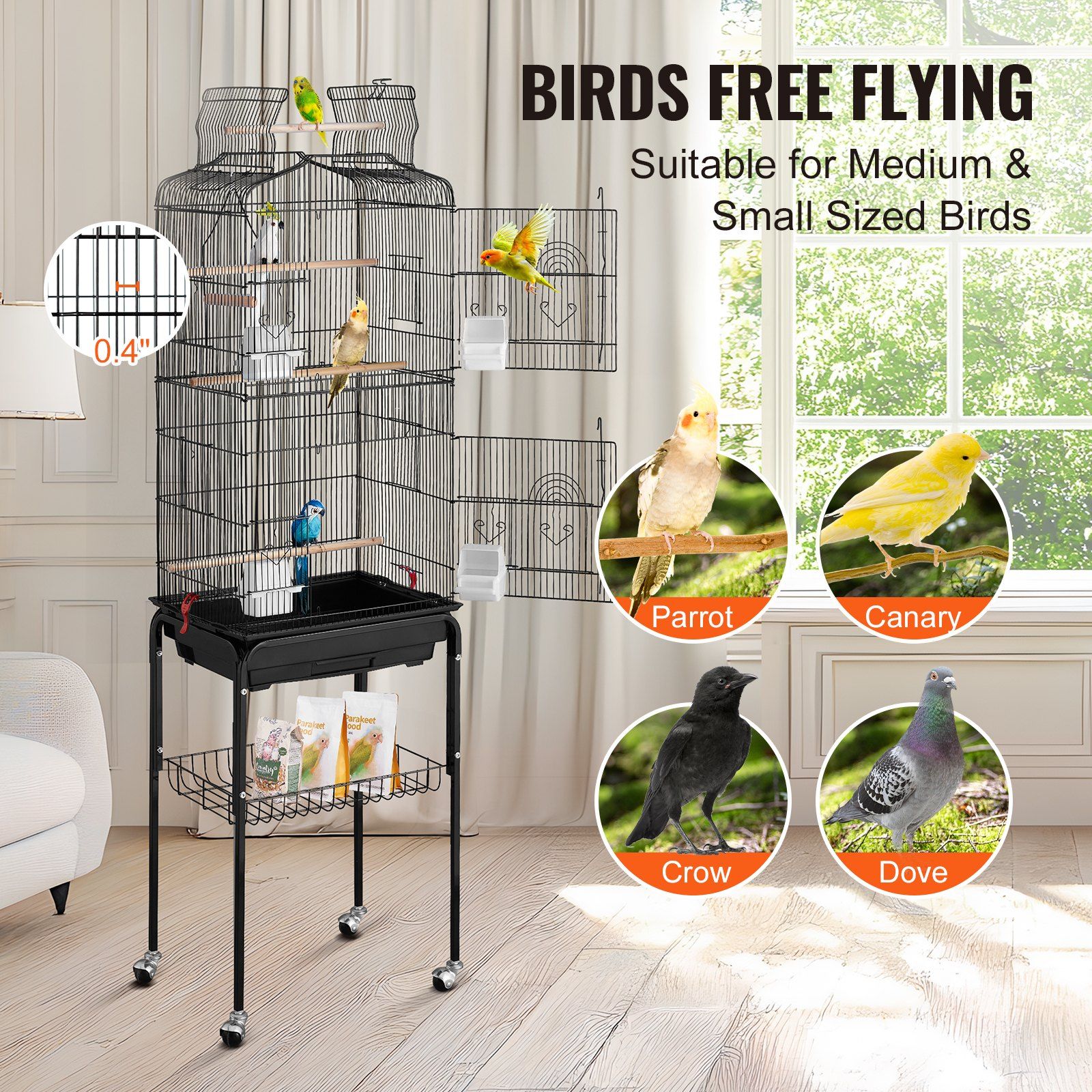 Large Bird Cage, 62 in, Open Top Parakeet Cage with Rolling Stand,  Steel Bird Flight Cage with Removable Tray, Budgie Birdcage with 4 Perches, Parrot Cage for Lovebirds Cockatiels Pet Toy - Image 3