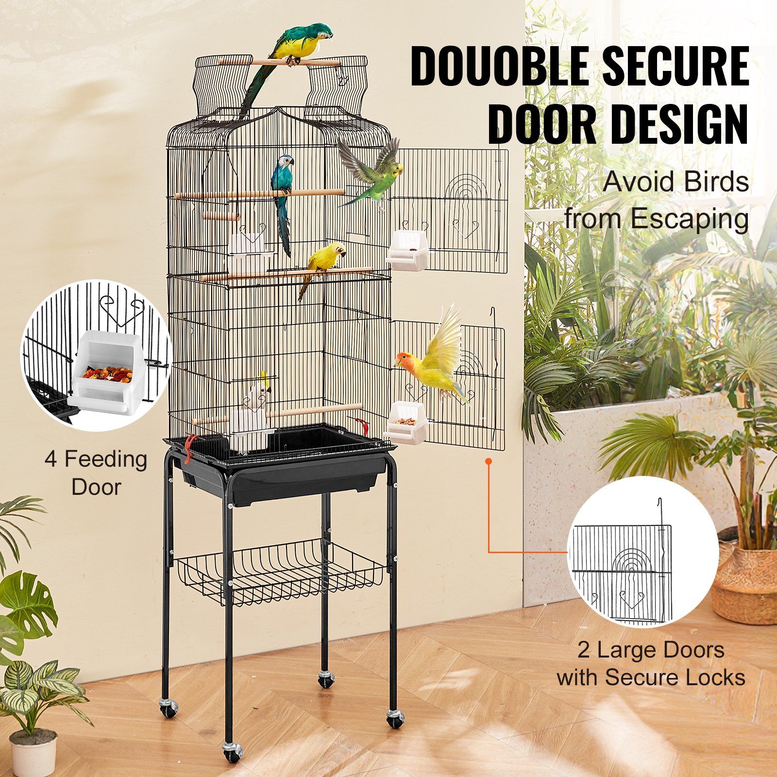 Large Bird Cage, 62 in, Open Top Parakeet Cage with Rolling Stand,  Steel Bird Flight Cage with Removable Tray, Budgie Birdcage with 4 Perches, Parrot Cage for Lovebirds Cockatiels Pet Toy - Image 4