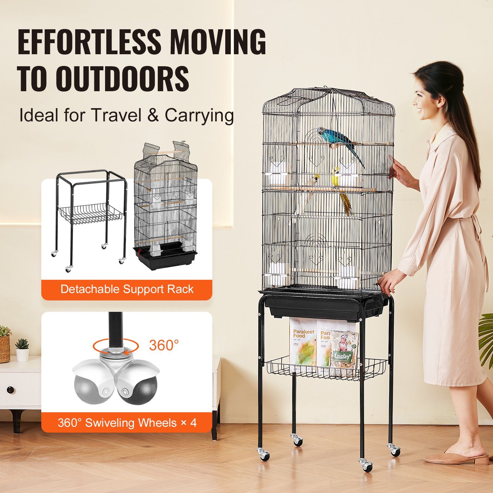 Large Bird Cage, 62 in, Open Top Parakeet Cage with Rolling Stand,  Steel Bird Flight Cage with Removable Tray, Budgie Birdcage with 4 Perches, Parrot Cage for Lovebirds Cockatiels Pet Toy - Image 5