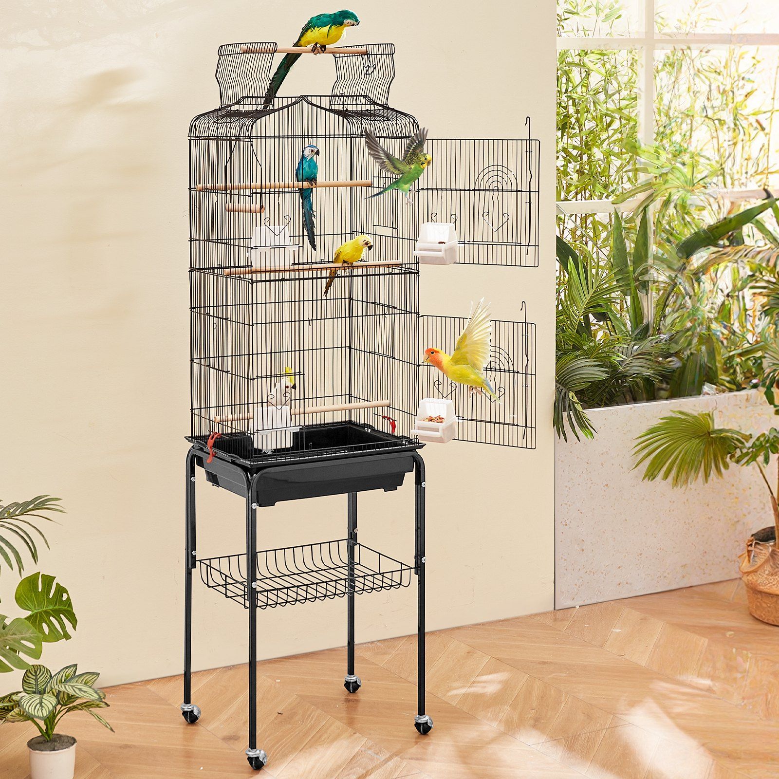 Large Bird Cage, 62 in, Open Top Parakeet Cage with Rolling Stand,  Steel Bird Flight Cage with Removable Tray, Budgie Birdcage with 4 Perches, Parrot Cage for Lovebirds Cockatiels Pet Toy - Image 8