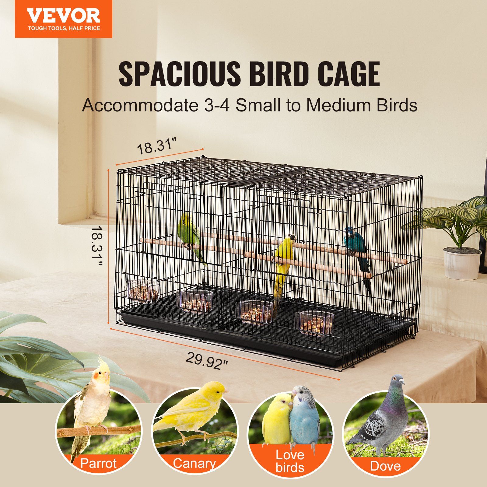 Bird Cage, 18 in, Small Parakeet Cage with Divider, Sturdy Metal Bird Flight Cage, Travel Birdcage with 5 Perches & 4 Feeding Cups, Parrot Cage for Canaries Lovebirds Cockatiels Budgie, Black - Image 2