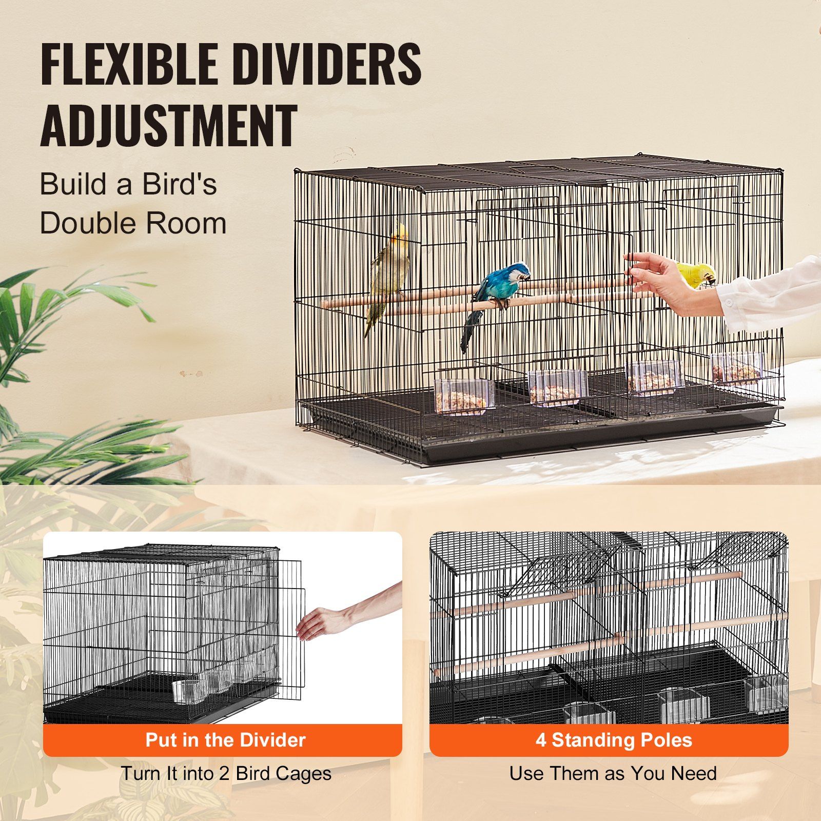 Bird Cage, 18 in, Small Parakeet Cage with Divider, Sturdy Metal Bird Flight Cage, Travel Birdcage with 5 Perches & 4 Feeding Cups, Parrot Cage for Canaries Lovebirds Cockatiels Budgie, Black - Image 3