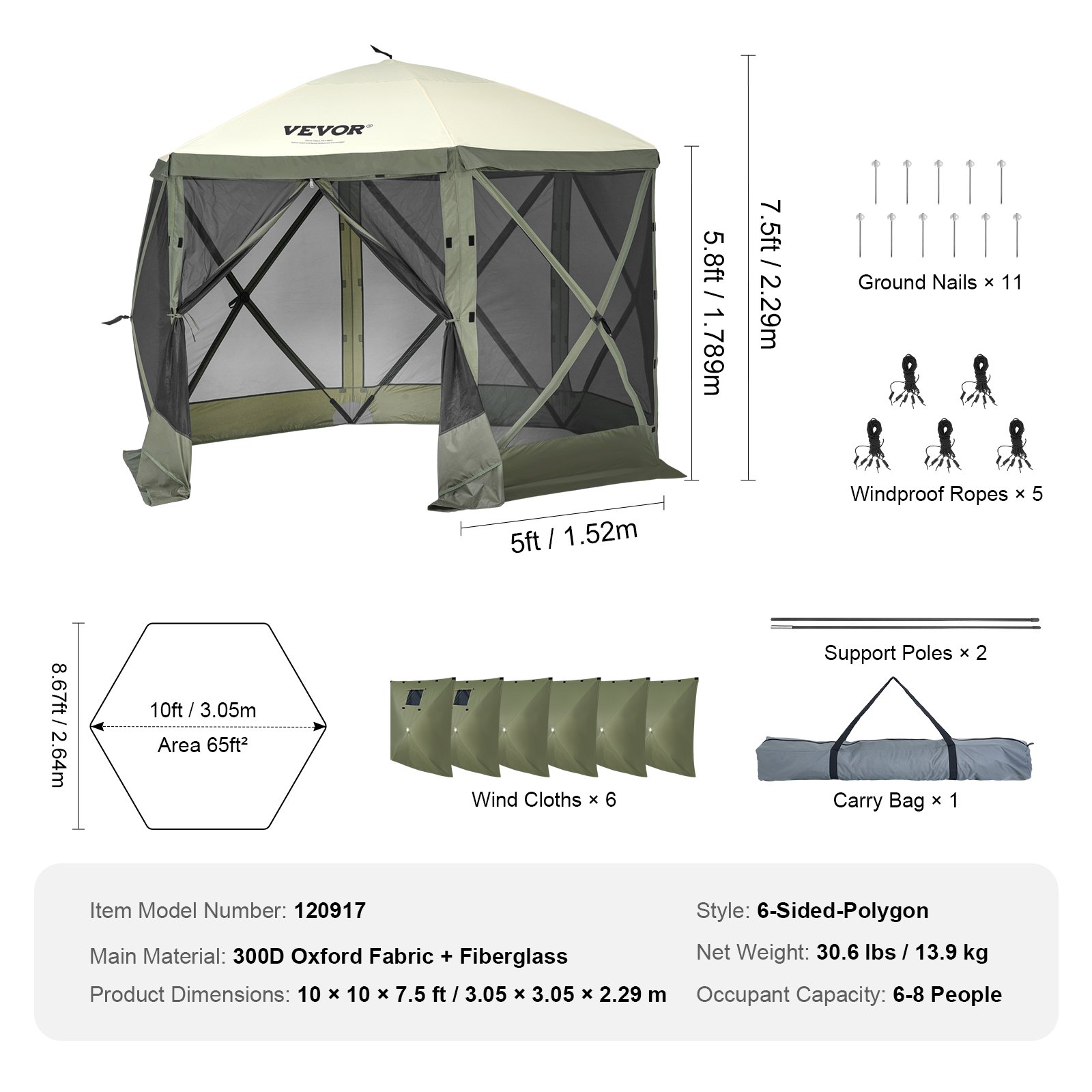Pop Up Gazebo Tent, Pop-Up Screen Tent 6 Sided Canopy Sun Shelter with 6 Removable Privacy Wind Cloths & Mesh Windows, 10x10FT Quick Set Screen Tent with Mosquito Netting, Army Green - Image 7