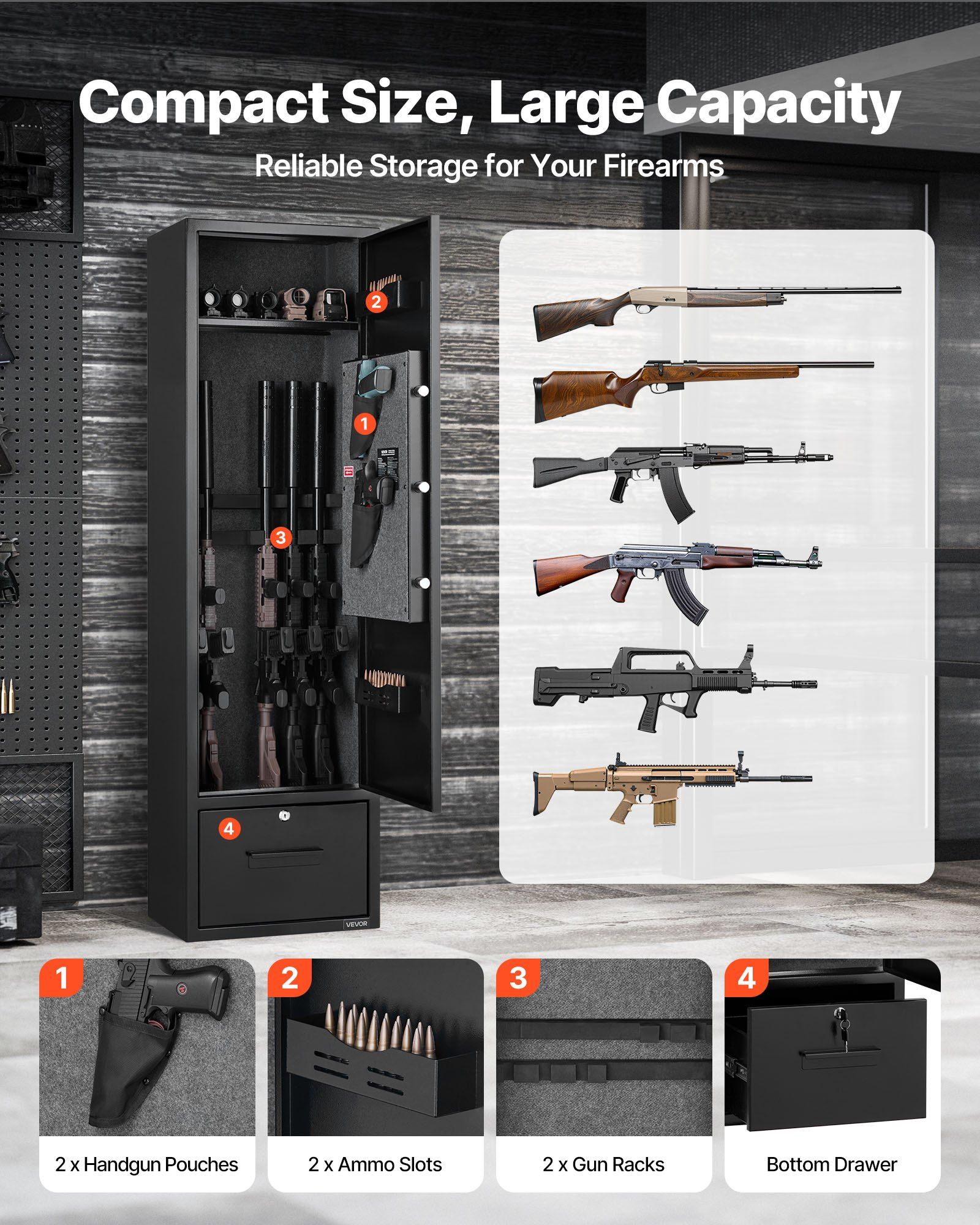4 Gun Safe, Long Gun Cabinet for Rifles and Pistols, Quick Access Rifle Safe with 2 Ammo Slots, 2 Pistol Pockets & 2 Adjustable Racks, Large Digital Cabinet with Key and Password Lock - Image 2