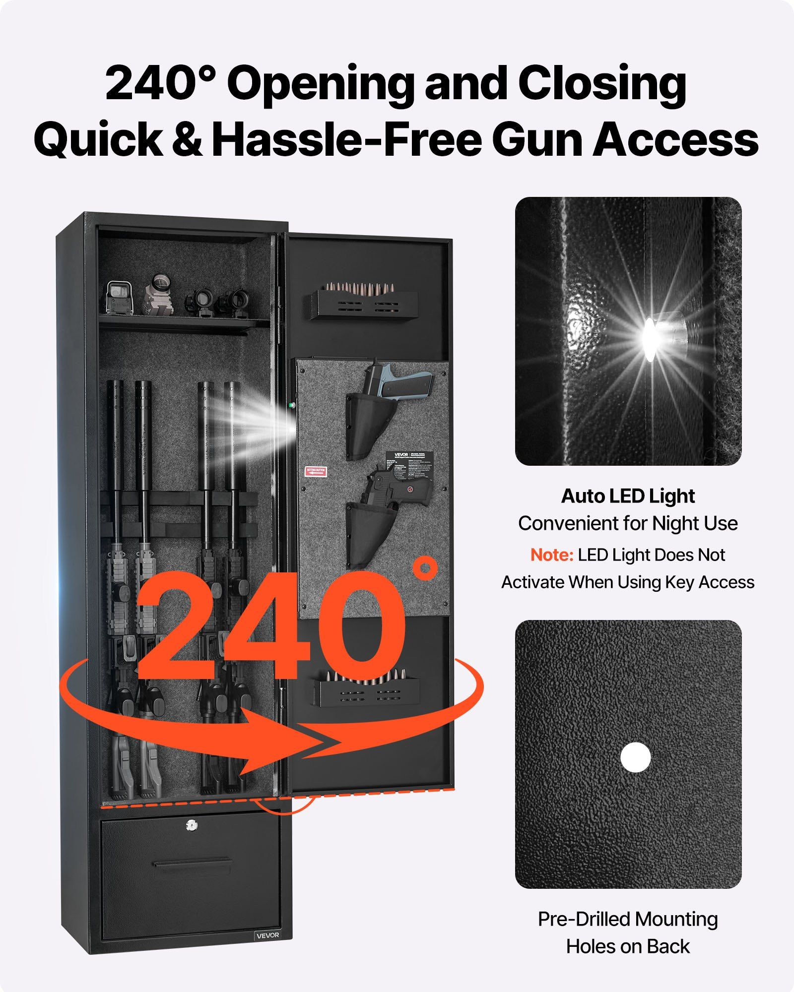 4 Gun Safe, Long Gun Cabinet for Rifles and Pistols, Quick Access Rifle Safe with 2 Ammo Slots, 2 Pistol Pockets & 2 Adjustable Racks, Large Digital Cabinet with Key and Password Lock - Image 6