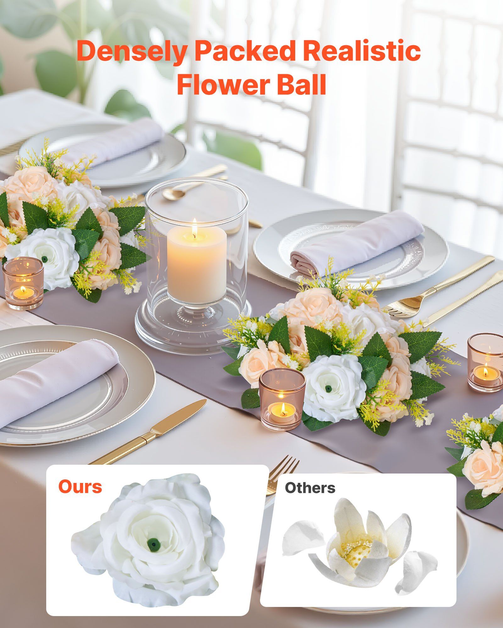 Flower Ball Arrangement Bouquet 10 PCS, 240 mm Diameter Artificial Flower Balls Wedding Table Centerpieces, Rose Arrangements for Wedding Centerpiece Home Decoration, Champagne & White Roses - Image 2
