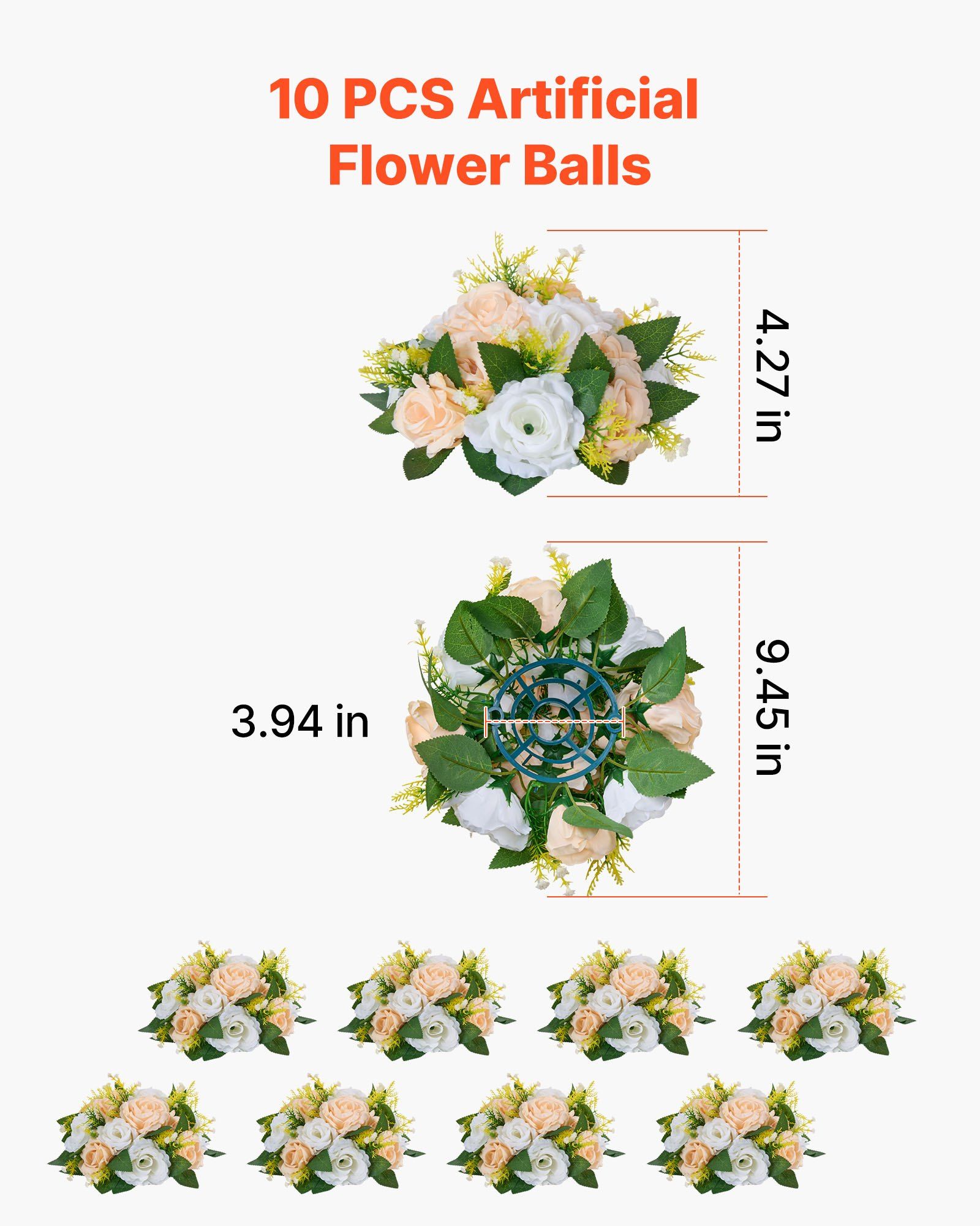 Flower Ball Arrangement Bouquet 10 PCS, 240 mm Diameter Artificial Flower Balls Wedding Table Centerpieces, Rose Arrangements for Wedding Centerpiece Home Decoration, Champagne & White Roses - Image 3