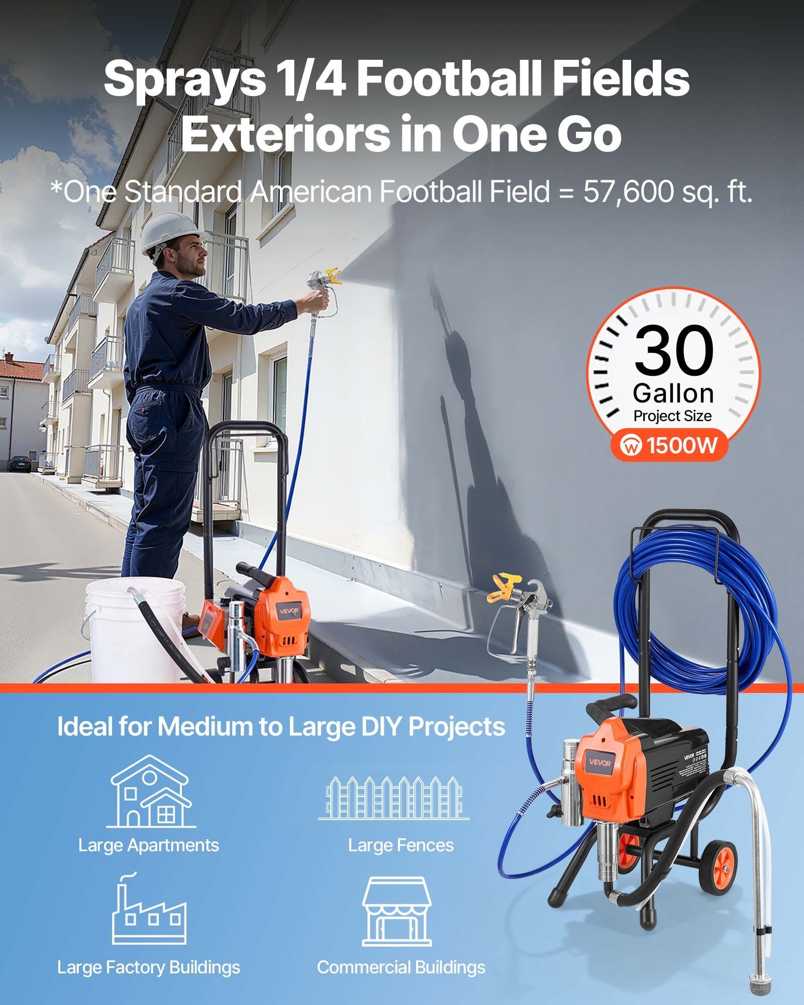 Stand Airless Paint Sprayer, 1500W, 3300PSI High Pressure Airless Sprayer with Cart, Cleaning Brush, Hose, Extension Rod, Nozzles, Electric Spray Paint Machine for Large Apartments, Buildings - Image 2