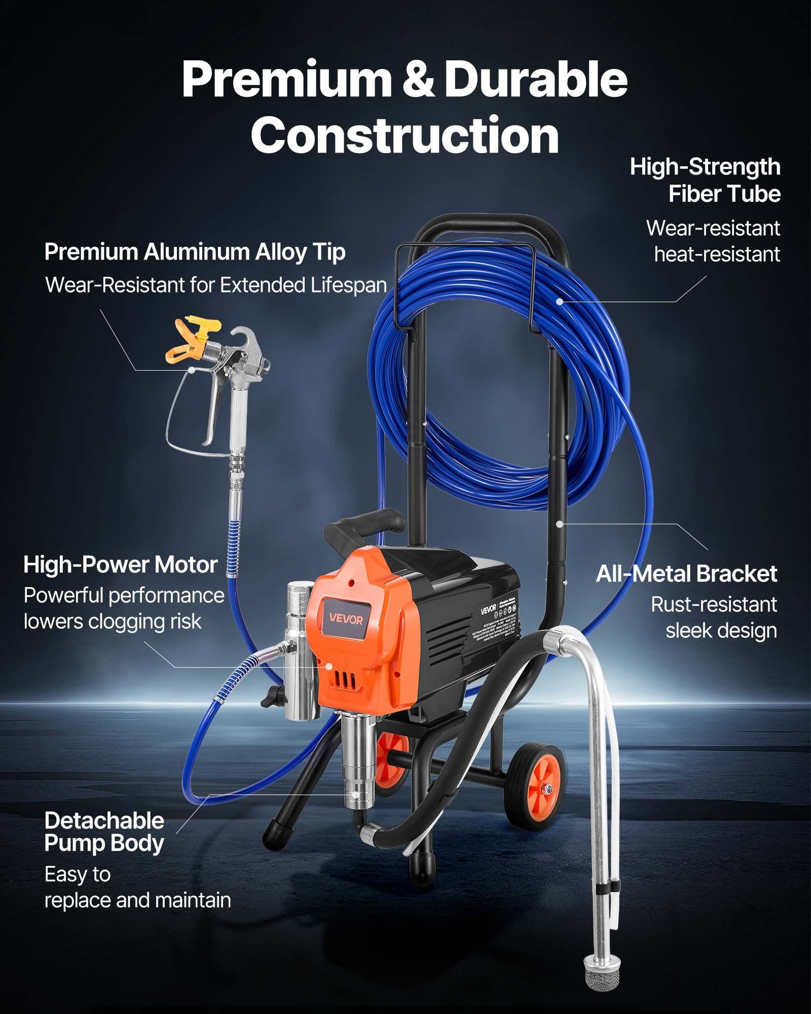 Stand Airless Paint Sprayer, 1500W, 3300PSI High Pressure Airless Sprayer with Cart, Cleaning Brush, Hose, Extension Rod, Nozzles, Electric Spray Paint Machine for Large Apartments, Buildings - Image 6