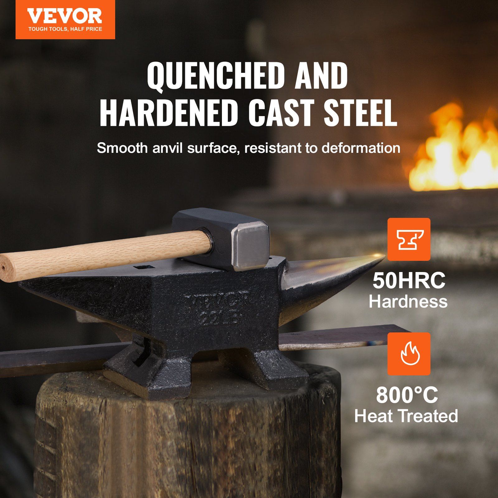 Single Horn Anvil, 22Lbs Cast Steel Anvil, High Hardness Rugged Round Horn Anvil Blacksmith, Large Countertop and Stable Base, with Round and Square Hole, Metalsmith Tool for Bending and Shaping - Image 2