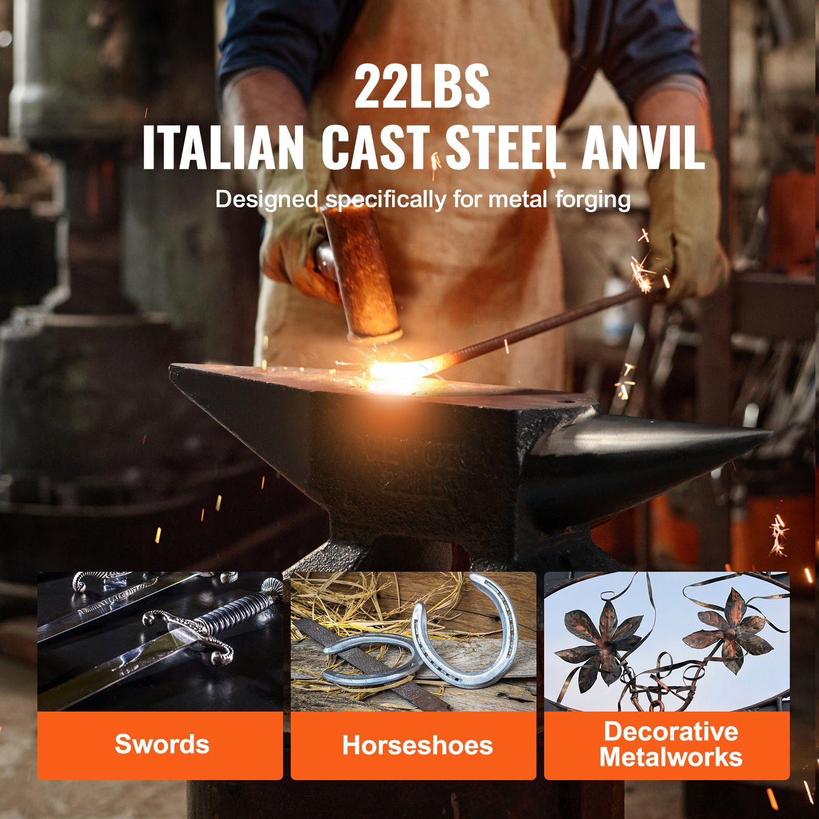 Single Horn Anvil, 22Lbs Cast Steel Anvil, High Hardness Rugged Round Horn Anvil Blacksmith, Large Countertop and Stable Base, with Round and Square Hole, Metalsmith Tool for Bending and Shaping - Image 6