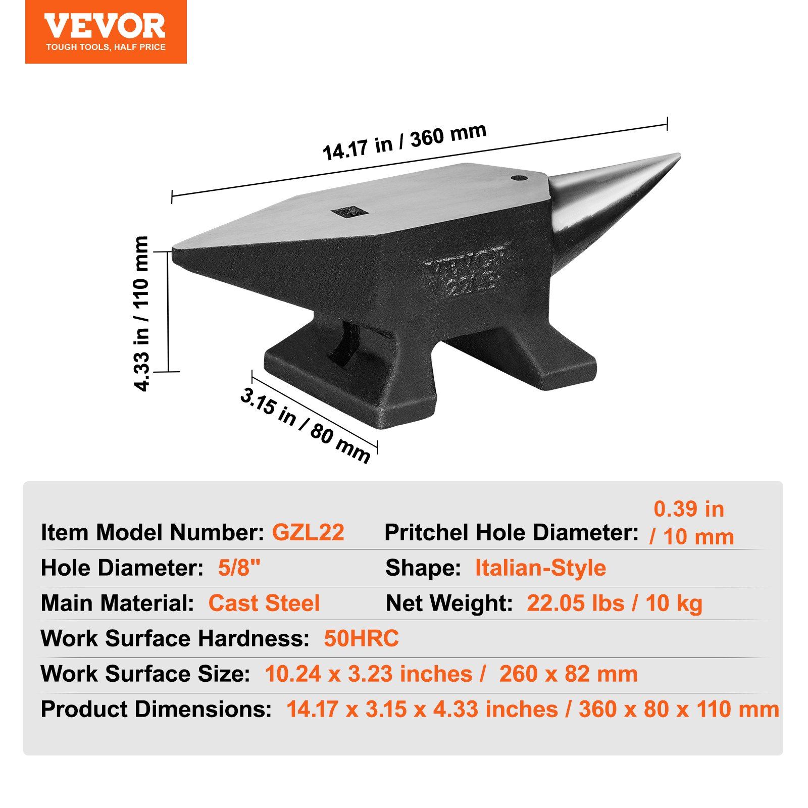 Single Horn Anvil, 22Lbs Cast Steel Anvil, High Hardness Rugged Round Horn Anvil Blacksmith, Large Countertop and Stable Base, with Round and Square Hole, Metalsmith Tool for Bending and Shaping - Image 7