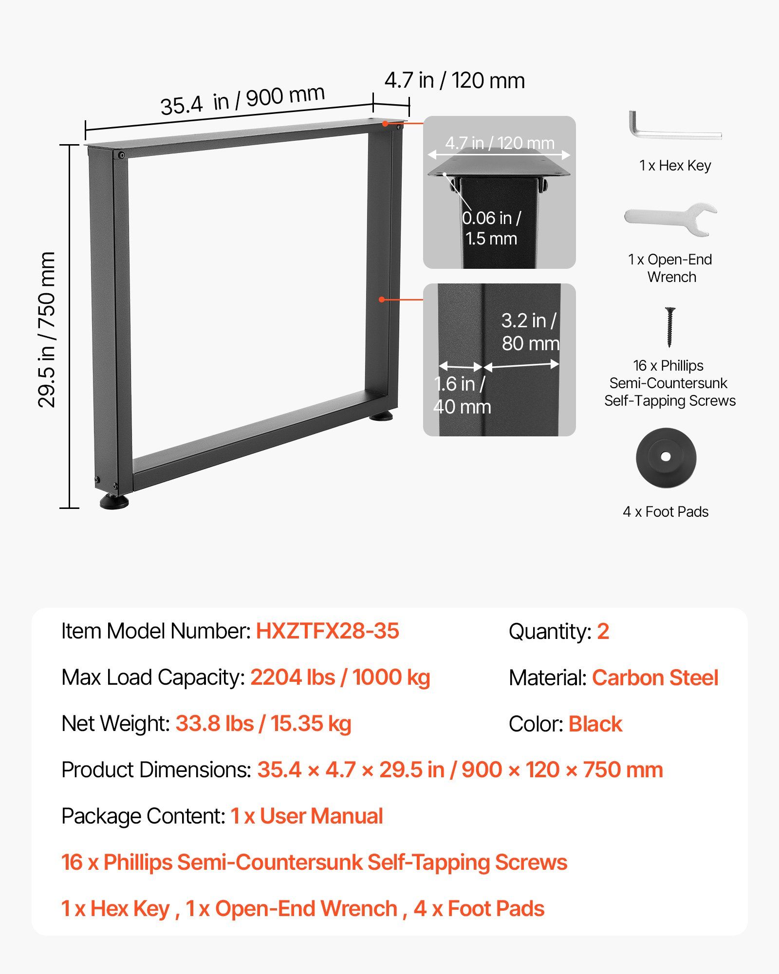 Table Legs, 750 x 900 mm (H x W) Square Steel Furniture Legs, Modular Design, Easy Assembly, 1000 kg Max Load Heavy Duty, for Home Office Desk, Workbenches, Dinner Bar Tables, Set of 2, Black - Image 5
