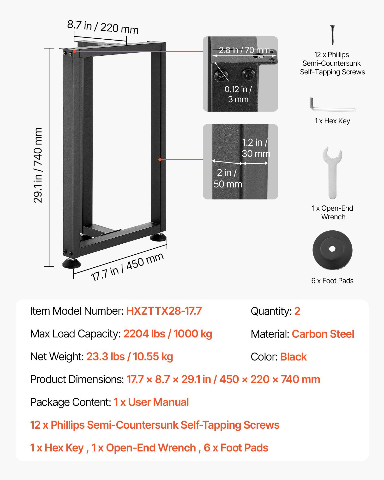 Table Legs, 740 x 450 mm (H x W) Square T Shape Steel Furniture Legs, Modular Design, Easy Assembly, 1000 kg Max Load Heavy Duty, for Home Office Desk, Dinner Table, Workbench, Set of 2, Black - Image 5