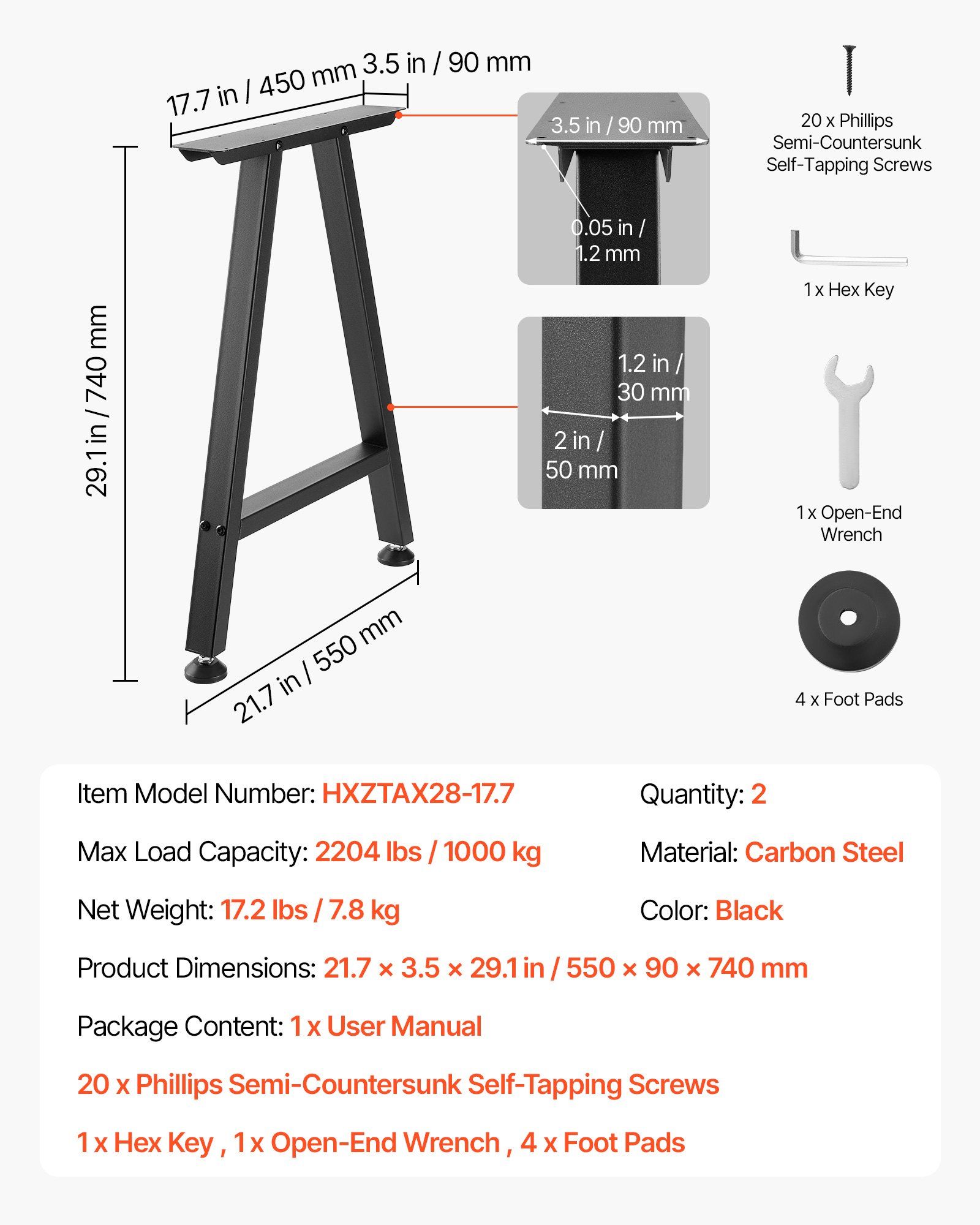 Table Legs, 740 x 550 mm (H x W) Trapezoid Steel Furniture Legs, Modular Design, Easy Assembly, 1000 kg Max Load Heavy Duty, for Home Office Desk, Coffee Dinner Bar Tables,Set of 2, Black - Image 5