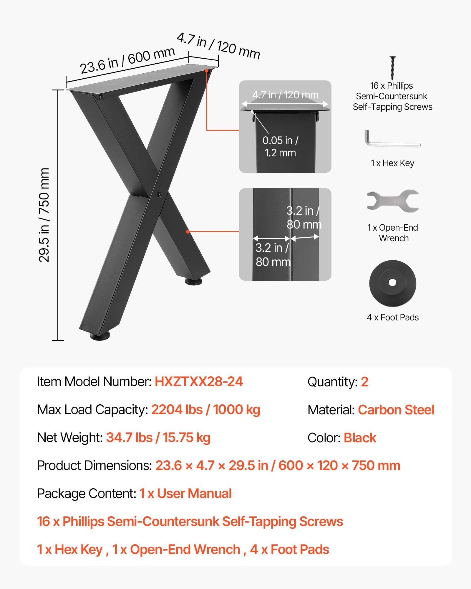 Table Legs, 750 x 600 mm (H x W) Steel Furniture Legs, Modular Design, Easy Assembly, 1000 kg Max Load Heavy Duty, for Home Office Desk, Coffee Dinner Bar Tables, Workbench,2 PCS, X Frame, Black - Image 5