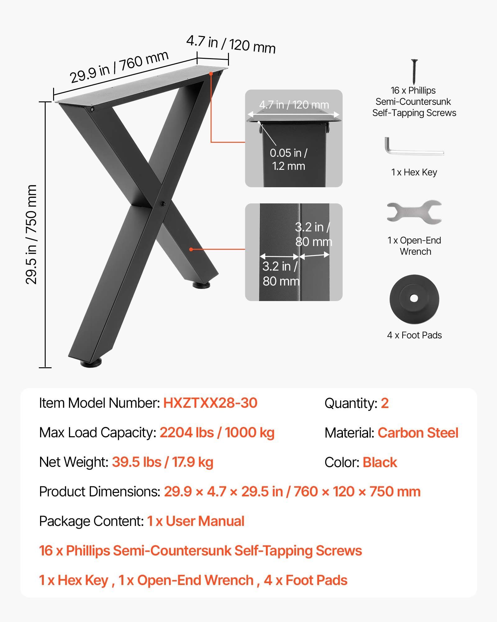 Table Legs, 750 x 760 mm (HxW) W Steel Furniture Legs, Modular Design, Easy Assembly, 1000 kg Max Load Heavy Duty, for Home Office Desk, Coffee Dinner Bar Tables, Workbench,2 PCS, X Frame, Black - Image 5