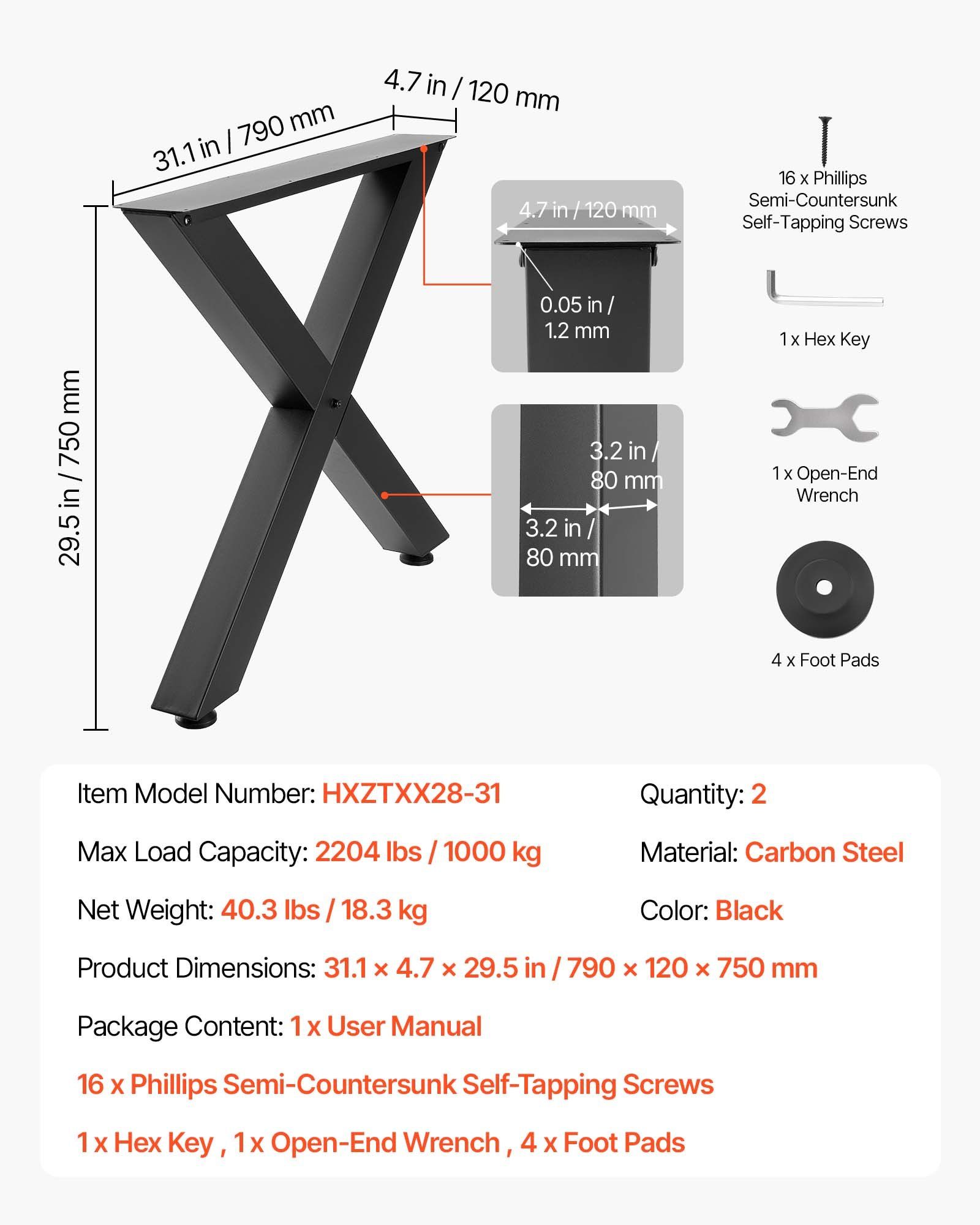Table Legs, 750 x 790 mm (H x W) Steel Furniture Legs, Modular Design, Easy Assembly, 1000 kg Max Load Heavy Duty, for Home Office Desk, Coffee Dinner Bar Tables, Workbench,2 PCS, X Frame, Black - Image 5