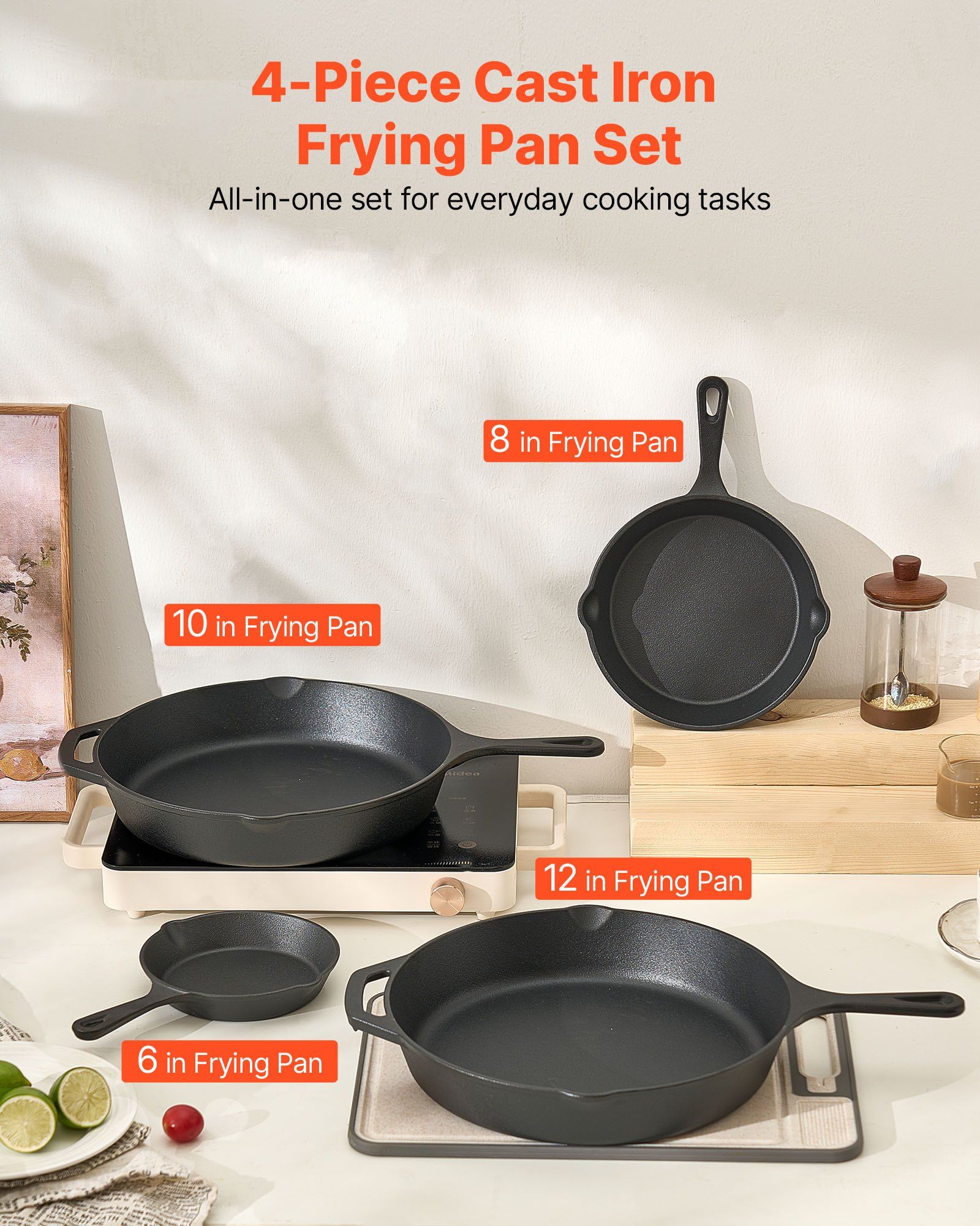 Cast Iron Skillet, 4 Pcs Frying Pan Set (155, 205, 260, 305 mm), Skillets with Heat-Resistant Silicone Handle, Pre-Seasoned Chef's Pan, Kitchen Cookware, Oven, Gas, Electrical, Induction, Black - Image 2