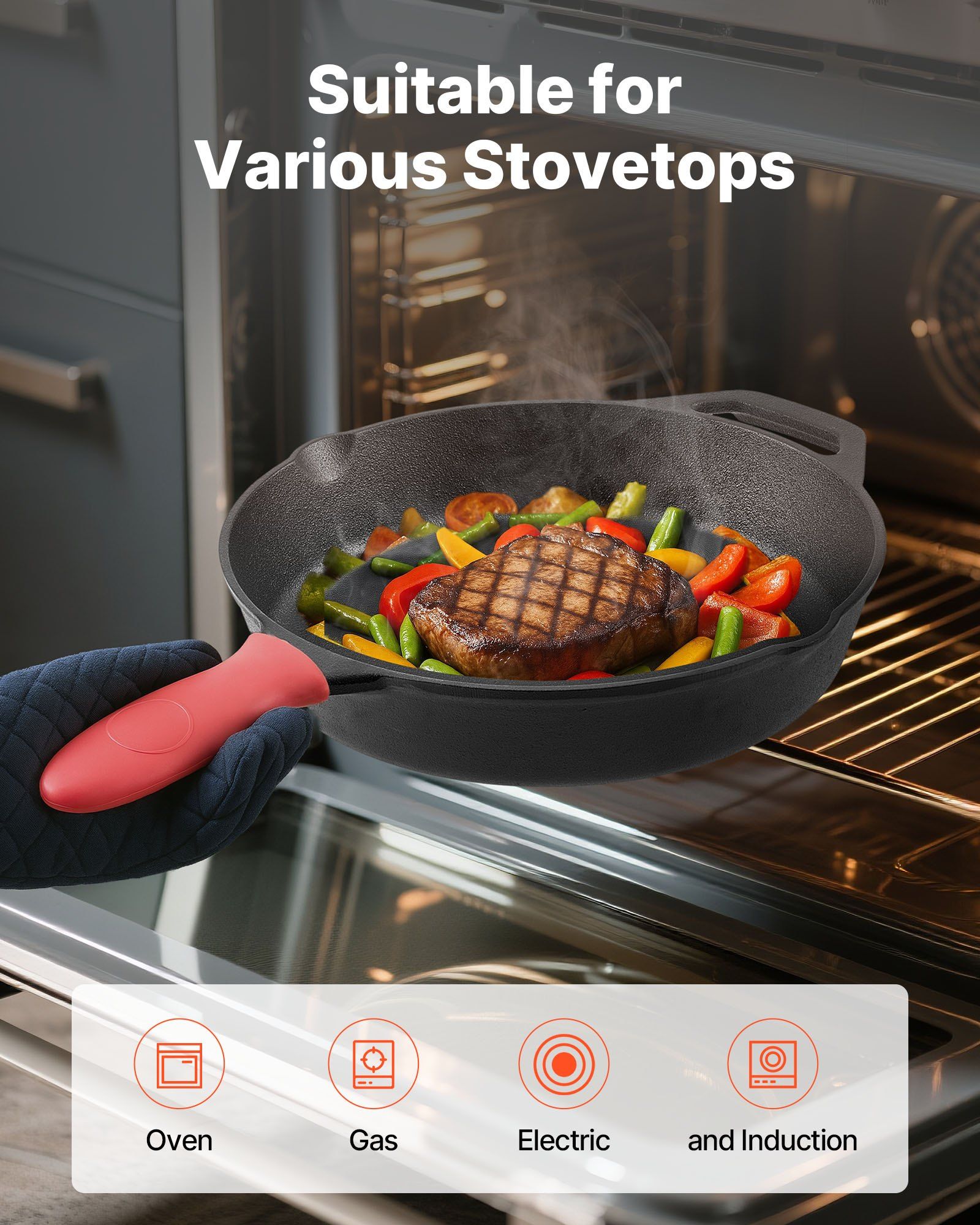 Cast Iron Skillet, 4 Pcs Frying Pan Set (155, 205, 260, 305 mm), Skillets with Heat-Resistant Silicone Handle, Pre-Seasoned Chef's Pan, Kitchen Cookware, Oven, Gas, Electrical, Induction, Black - Image 6