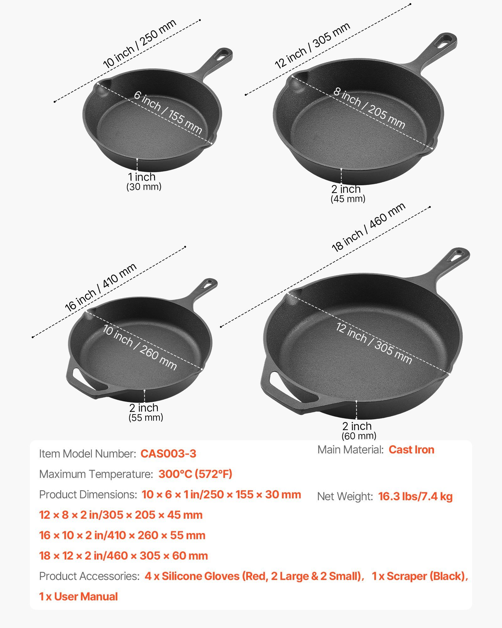 Cast Iron Skillet, 4 Pcs Frying Pan Set (155, 205, 260, 305 mm), Skillets with Heat-Resistant Silicone Handle, Pre-Seasoned Chef's Pan, Kitchen Cookware, Oven, Gas, Electrical, Induction, Black - Image 7